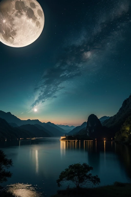 アジアの家のNight view, Vietnam, Vietnam, Hazan, moon, Lake in the foreground, quiet night, Green and Blue, Digital Illustration, Highly detailed digital art in 4K, Night view, anime art wallpaper 4k, anime art wallpaper 4k, 4K Detailed Digital Art, Natural scenery at night, Anime Art Wallpapers 8K, Background artwork, Beautiful Art UHD 4K, 4k HD illustration wallpaper