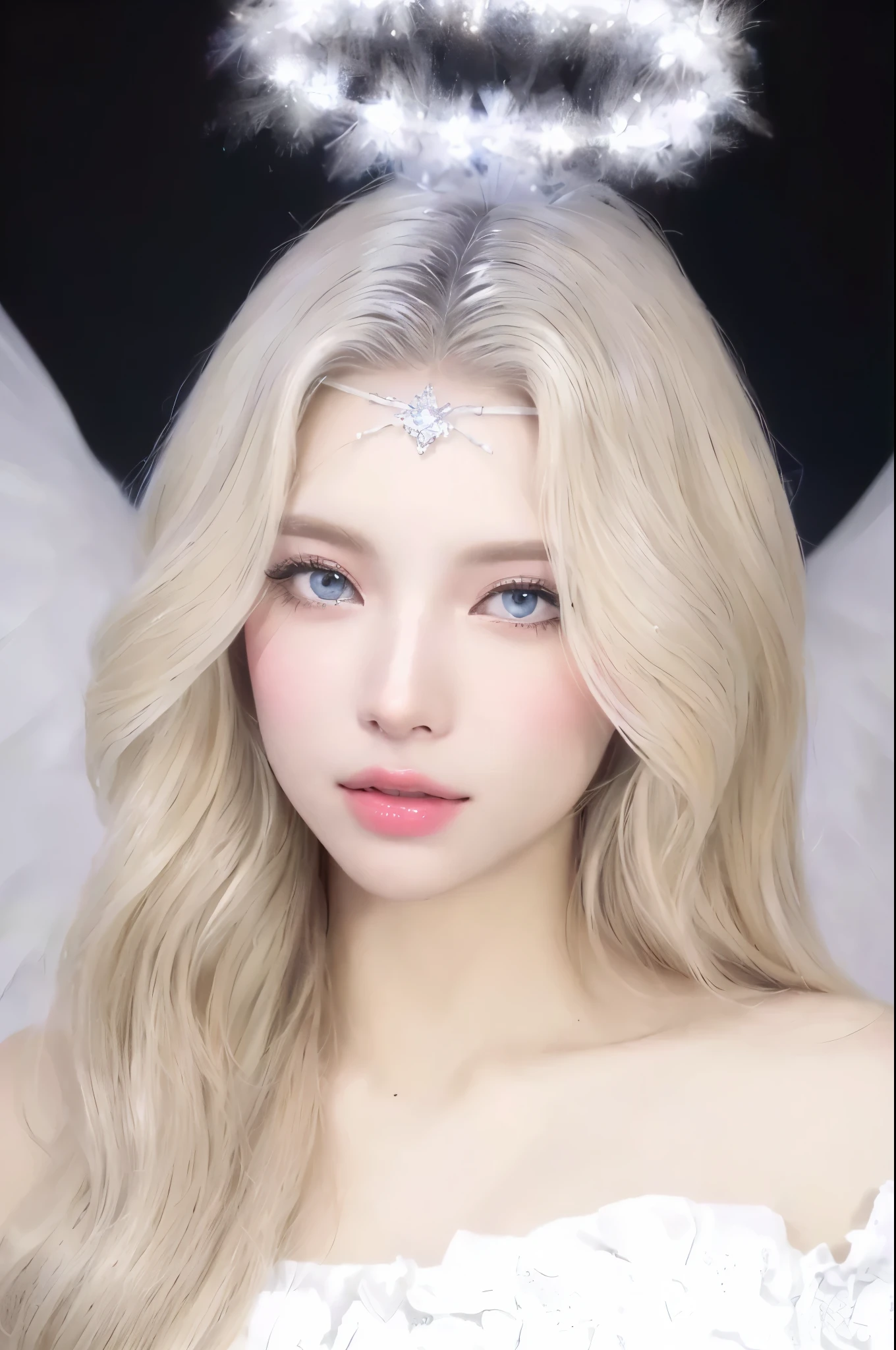 a close-up of a woman with a halo on her head, pale pele branca de porcelana, maquiagem sul-coreana popular, rosto angelical, pele branca de porcelana, pale milky white porcelain skin, porcelain pale skin, maquiagem coreana popular, ethereal!!! ultra realistic, anime hiper realista, com longos cabelos brancos, pale, snow-white skin, pele de porcelana brilhante, realistic hybrid of face and body