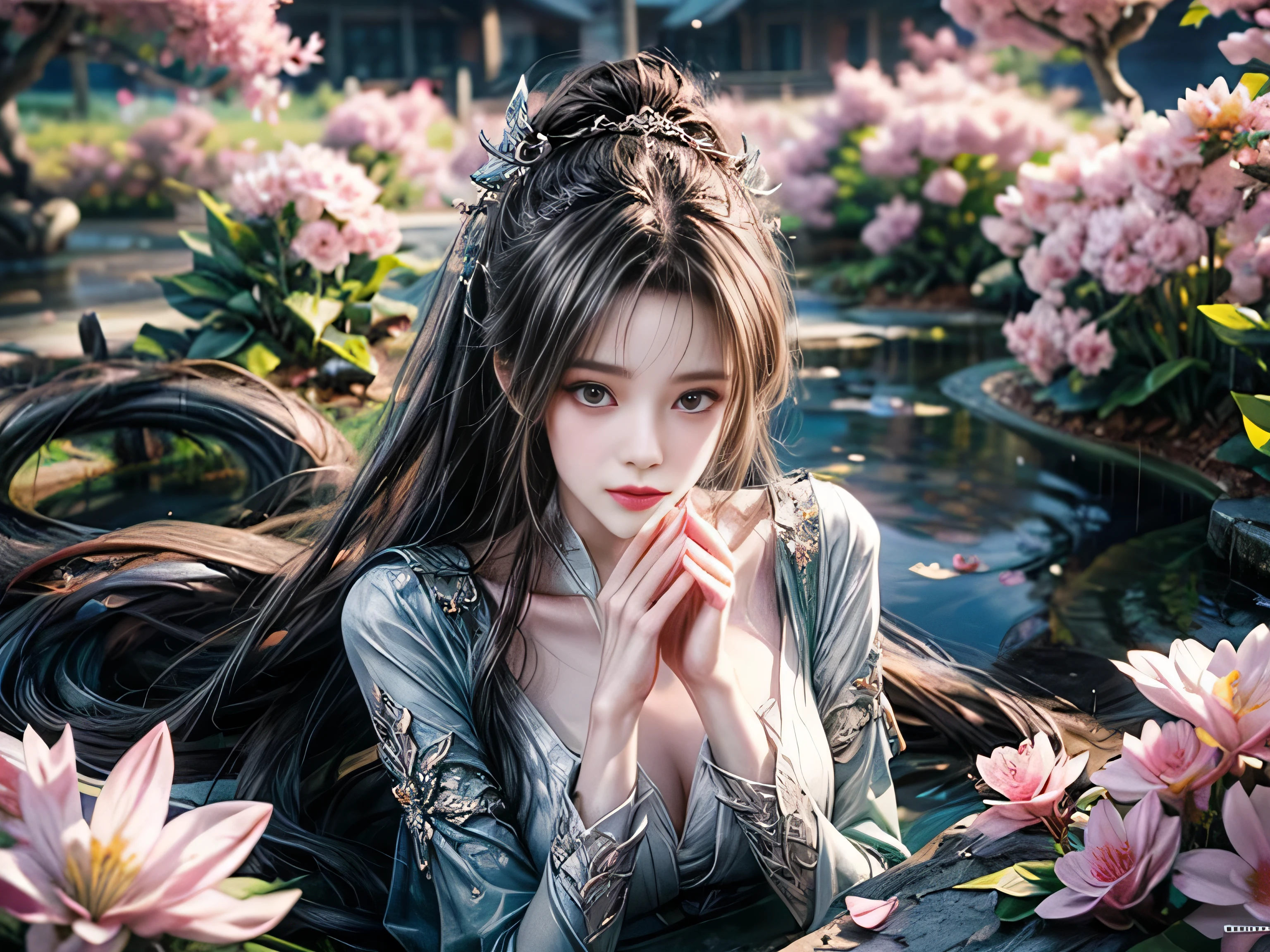 (Best Quality, 8K, Masterpiece, HDR, Soft Lighting, Picture Perfect, Realistic, Bright), White Snake Girl (1.0), Naga Girl (1.0), Snake Girl, Snake Girl with White Hair and Sexy Open Scaled snakecoloredbodysuit, Beautiful Fantasy Anime, Very beautiful and cute snake girl, pink flower petals rain, background blur, anime fantasy, Gouves style work, realistic: 1.37, top view, lying in pink flowers, horizontal view, (ultra high quality fantasy art), masterpiece, female model, ultra high quality design female characters, Detailed 8k anime art, realistic anime art, highest quality wallpaper illustrations, complex ultra high quality accurate female characters faces, high quality design and accurate physics (super high quality fantasy art, dark fantasy style), masterpieces, super high quality characters, anime resolution - 8K, realistic anime art, wallpapers with the highest quality illustrations, ultra-high facial detail, high-quality design and accurate physics), color, depth of field, shadows, ray tracing, high production quality. -high-quality computer wallpapers and 8K resolution, (Accurate simulation of the interaction of light and materials)], [High-quality hair detail [More about beautiful and shiny white hair]], (Beautifully detailed hands [perfect fingers [Perfect nails]]], (perfect anatomy (perfect proportions) ))) [[Full-length]], [Perfect combination of colors (Accurate imitation of the interaction of light and material)], [art that conveys the meaning of the story]