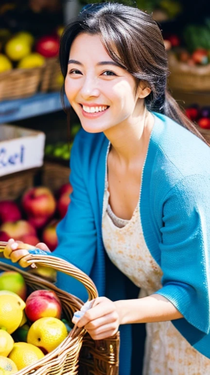 A woman at a market wearing a blue cardigan is smiling in front of a basket of fruits. In the background, other people are seen engaging in market activities. The woman is leaning forward, resting her face on one hand, and smiling gently at the camera. Around her, there are baskets of fruits including apples and lemons.