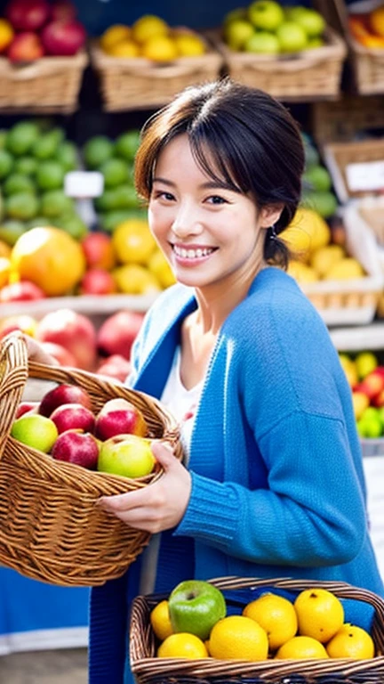 A woman at a market wearing a blue cardigan is smiling in front of a basket of fruits. In the background, other people are seen engaging in market activities. The woman is leaning forward, resting her face on one hand, and smiling gently at the camera. Around her, there are baskets of fruits including apples and lemons.