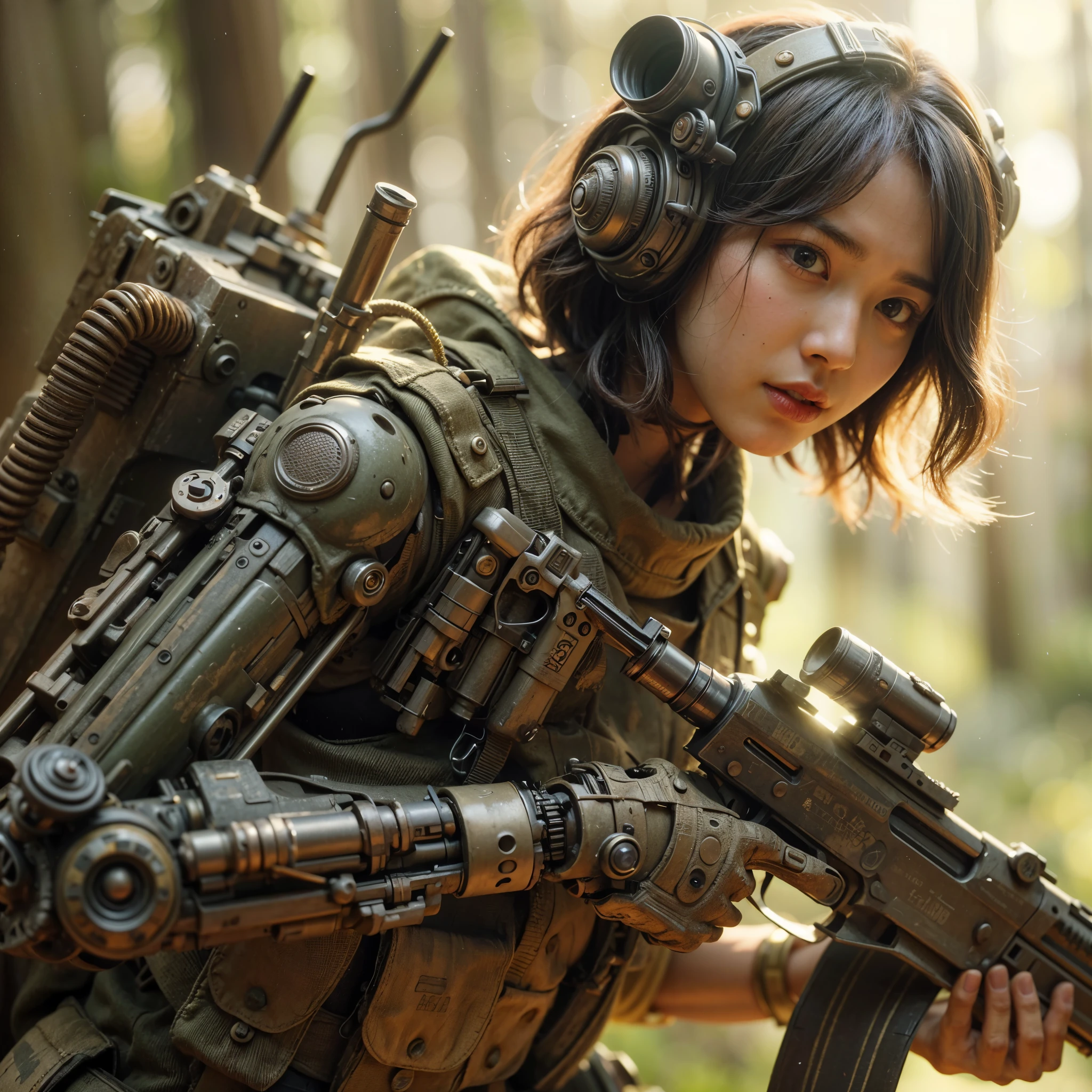 8K, Real Photo, Realistic Skin Texture, Super Realism, (WWII Era), (Mechanical Suit), Steampunk, Beautiful Forest Through Trees, Heavy Weapons, Vivid Textures, Beautiful Hair, Japanese Female Soldier, (Super Beautiful Face), Legs, ((Super Realistic All Textures)), ((Superall intricate details))), full body shot, super clear photo results, olive drab color, scratches, rust, weathering, sweat, action poses in motion, shot with Fujifilm X-T30 + Nokton. HDR10, minimum 4 images created.