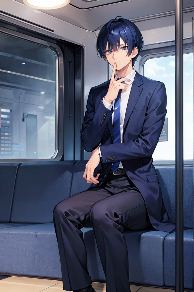 Navy Blue Hair　Short Hair　Indigo eyes　Handsome　male　cool　tall　blazer　train　sit