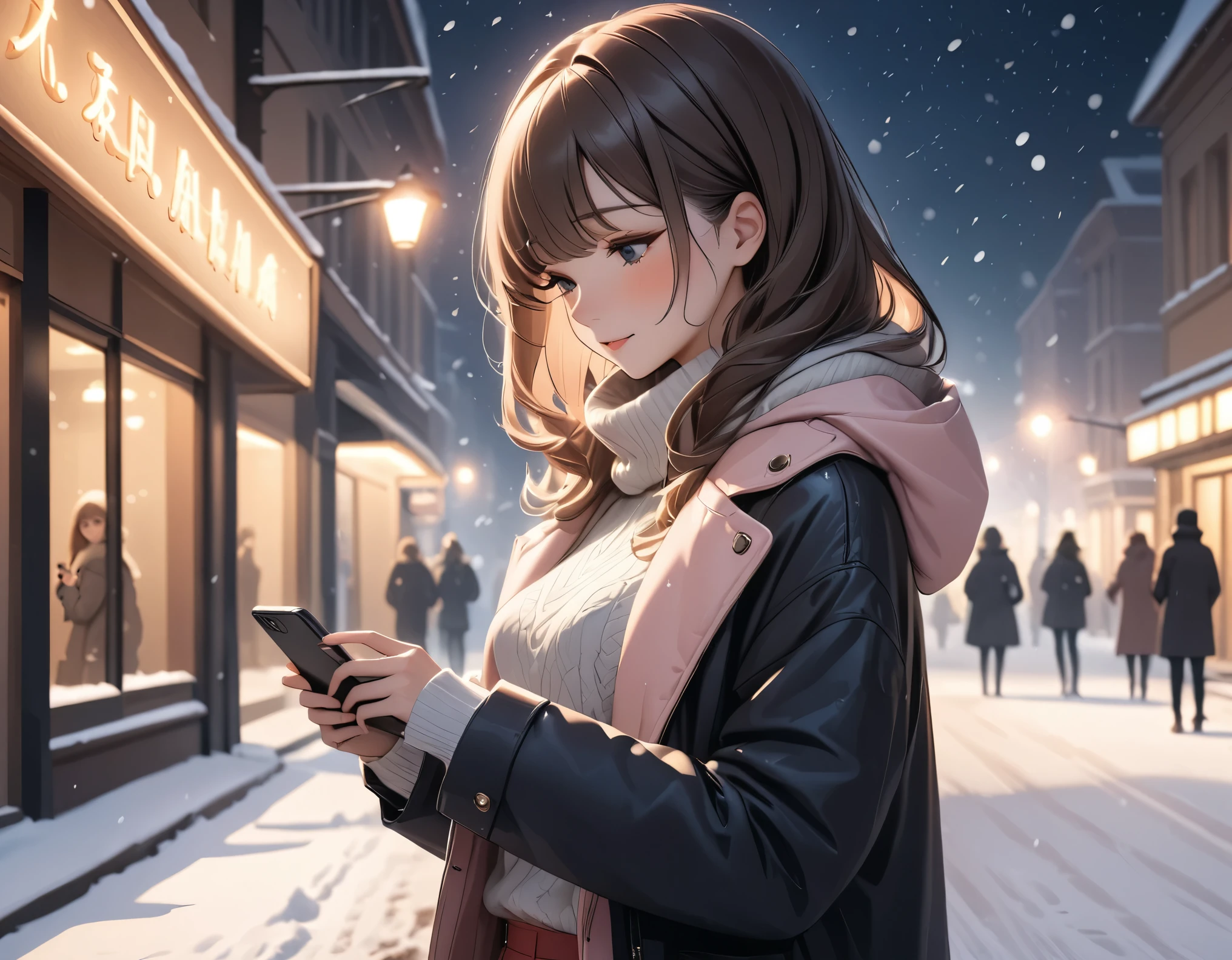 Beautiful woman, street lights at night, Fiddling with smartphones, Hot Pants, pink, snow, snowing, Passersby, night gradient, fine details, Subtle tones, There is a sense of tranquility in the picture.