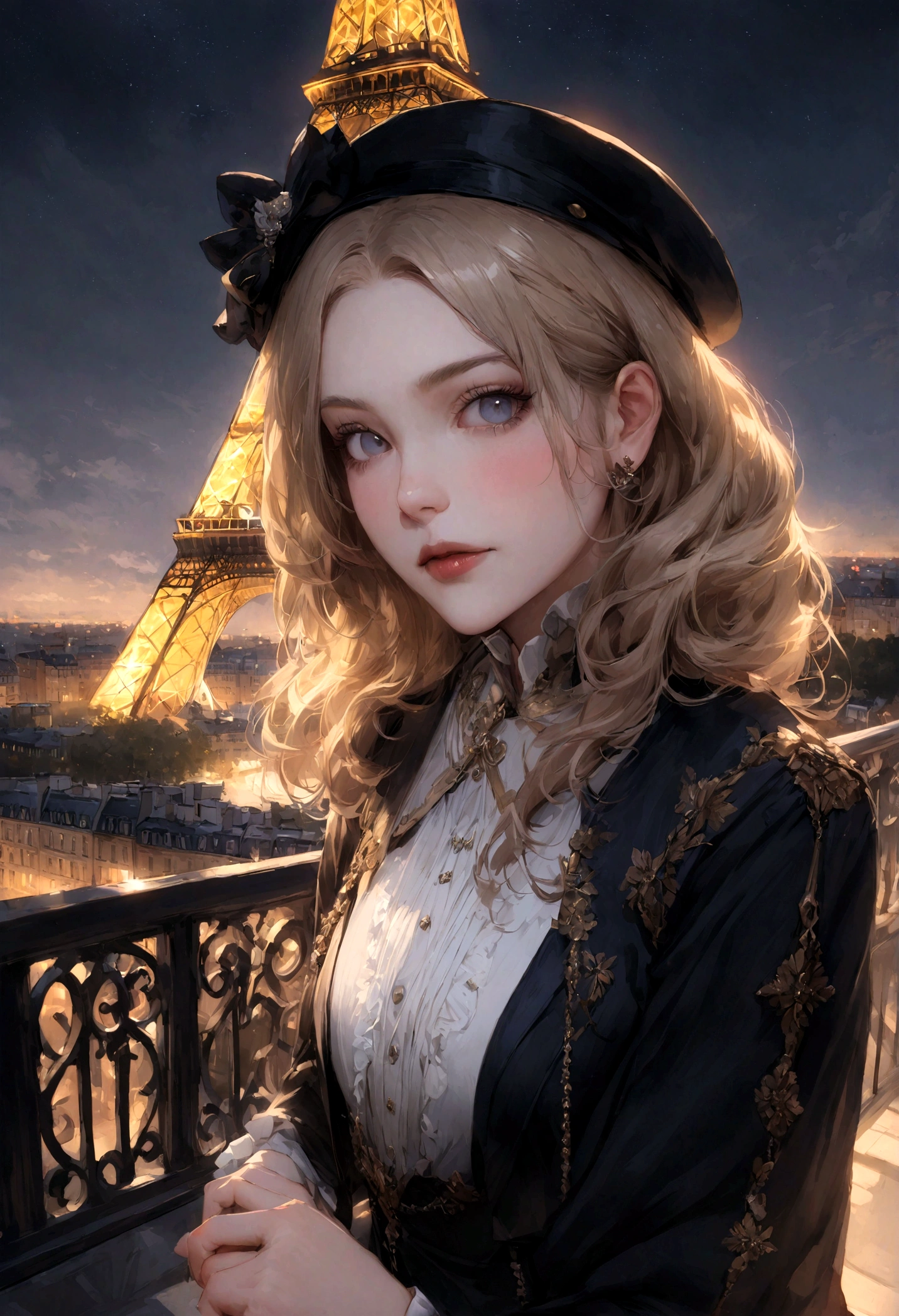 femme pleinement , blonde, ultra realistic, regarde la camera, Meticulously detailed, cheveux blons brillants, selfie d&#39;une jeune femme, maquillage naturel, Superbe corps complet, dans la rue, la nuit, costume, exterieur, costume vestimentaire, TERASSE d&#39;Coffee, le soir, at the Eiffel Tower