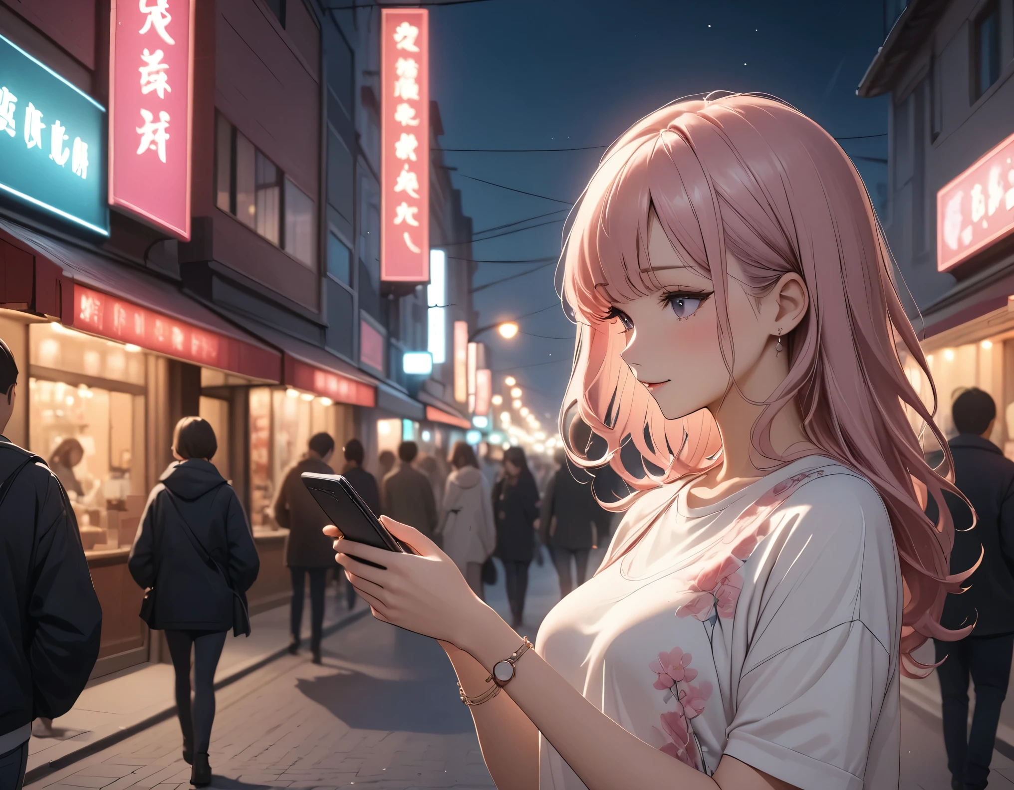 Beautiful woman, street lights at night, Fiddling with smartphones, Hot Pants, Fragrant pink flowers, Passersby, night gradient, fine details, Subtle tones, There is a sense of tranquility in the picture.