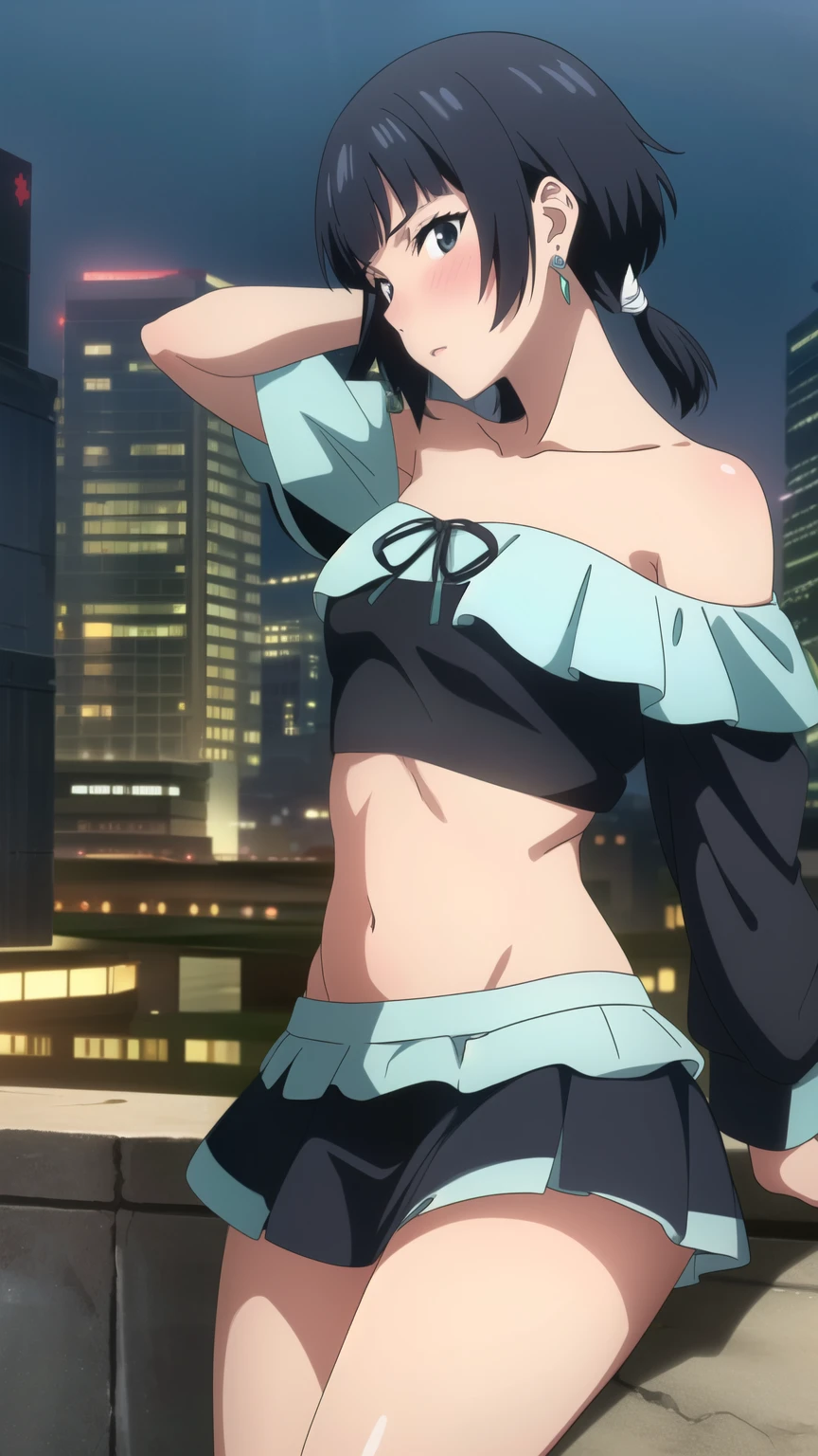 soifon, soifon, short hair, bangs, black hair, short hair with long locks, (black eyes:1.2), small breasts,(slender:1.2),Glare, (lime green off-shoulder, mini skirt, earrings, city, blush:1.2),
dynamic pose, dynamic angles, looking at viewer,
(masterpiece best quality, 8k:1.2),(anime), high resolution, unity 8k wallpaper, (beautiful detailed eyes:1.2), extremely detailed face, perfect lighting, extremely detailed CG, (perfect hands, perfect anatomy),