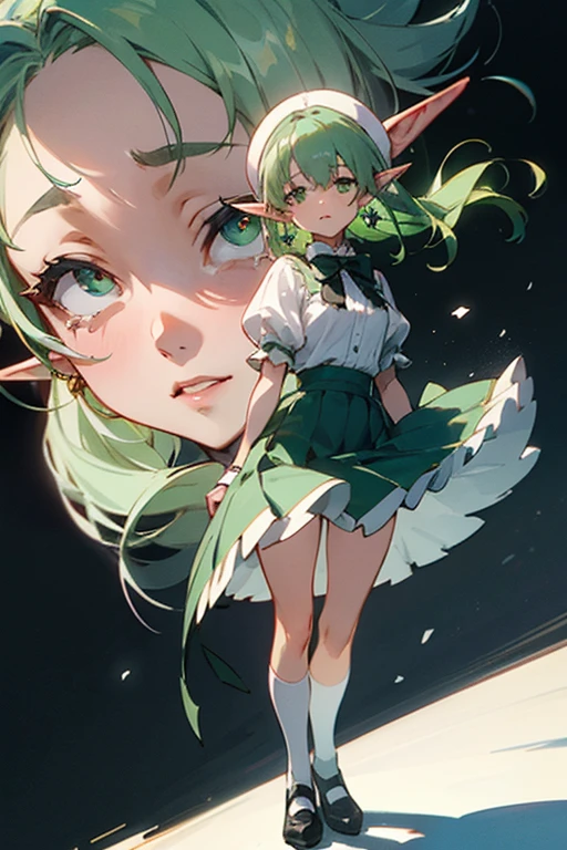 A full body shot of a happy anime elf girl with the same face and short, emerald green hair as the elf from Goblin Slayer, with vivid green eyes filled with sorrow. She has the distinct head shape and long, pointed ears like the elves from Goblin Slayer, adorned with small, intricate silver earrings. She is wearing a consisting of a fitted white blouse with a large, soft green bow tie at her neck, a pleated skirt that reaches just above her knees, and knee-high white socks paired with black mary jane shoes. The blouse features delicate lace accents along the collar and cuffs, adding a touch of elegance. The green bow tie at her neck is neatly tied, creating a charming focal point. Her expression is melancholic, with a slight downturn of her lips and a faraway look in her eyes. She stands with a black background, drawn in the art style of A-1 Pictures, shot with a Sony A7R IV, 50mm f/1.4 lens, muted anime-style colors she must be crying