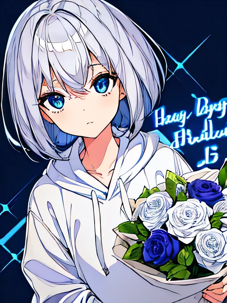 girl,Silver Hair,blue eyes,Bob,birthday,whole body,White hoodie,Grey shorts,bouquet