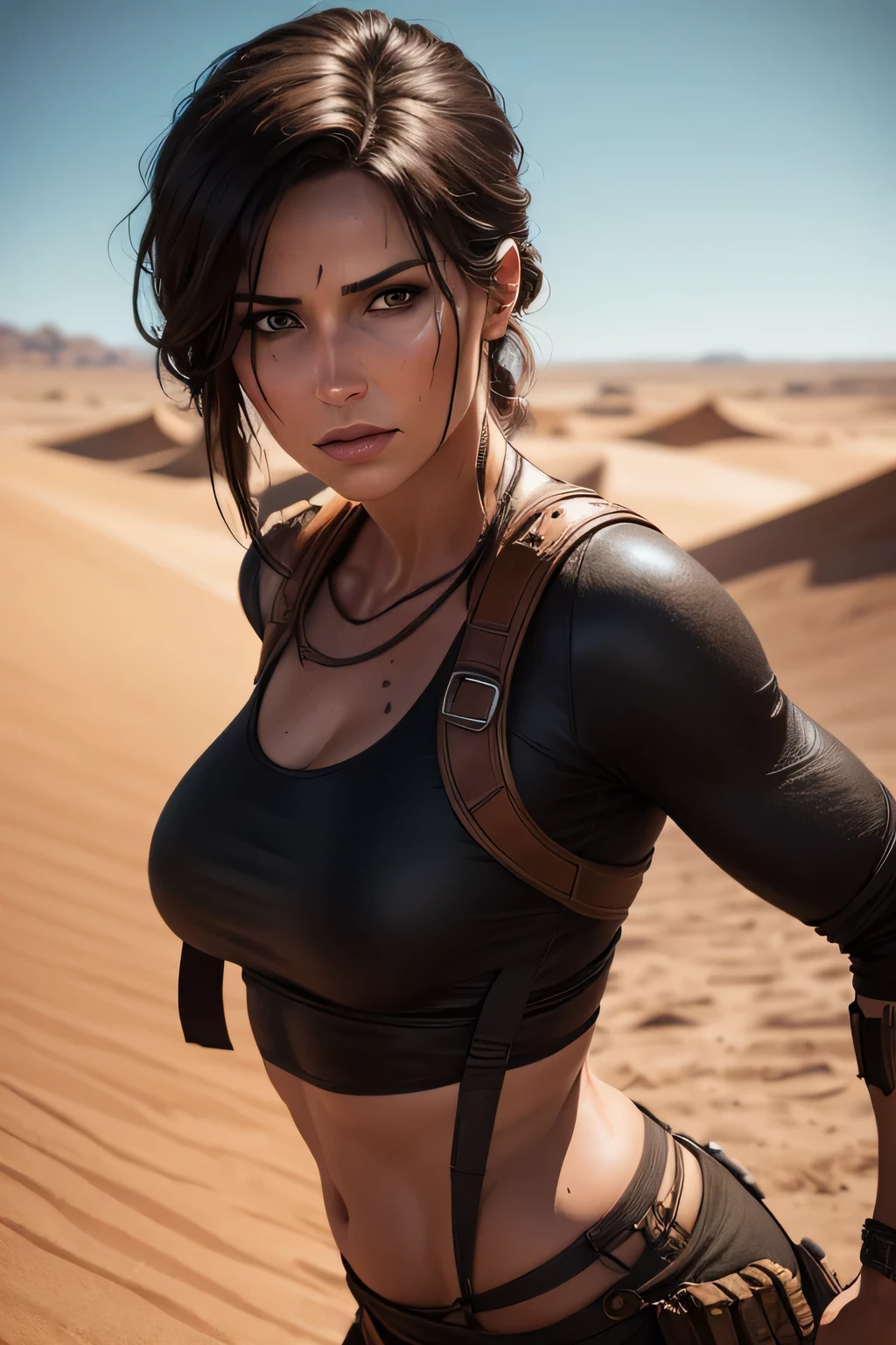 Lara Croft standing in a desert scene of the film Dune, DLSR, black clothes, sharp focus, soft lighting, photorealistic, masterpiece, perfect face, ultra detailed face, beautiful brown eyes, beautiful face, lean body, perfect anatomy