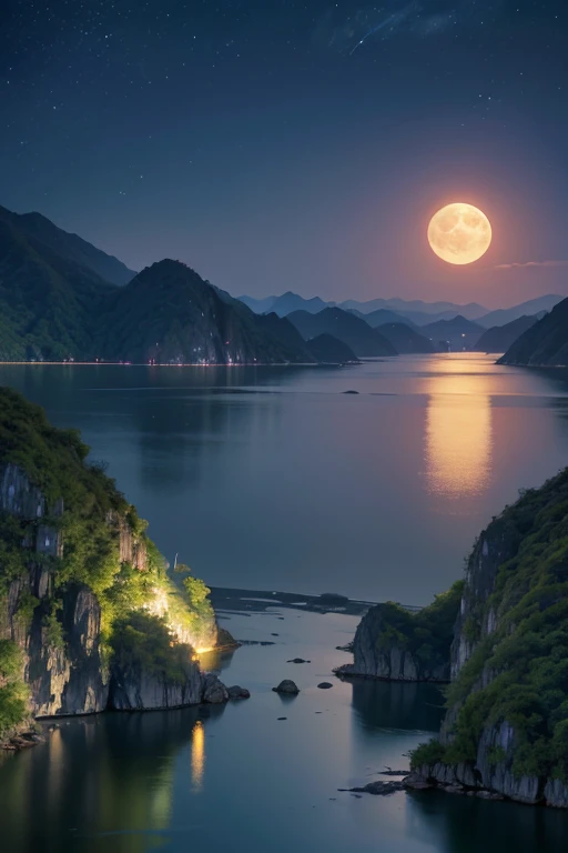 アジアの家のNight view, Vietnam, Vietnam, Hazan, moon, Lake in the foreground, quiet night, Green and Blue, Digital Illustration, Highly detailed digital art in 4K, Night view, anime art wallpaper 4k, anime art wallpaper 4k, 4K Detailed Digital Art, Natural scenery at night, Anime Art Wallpapers 8K, Background artwork, Beautiful Art UHD 4K, 4k HD illustration wallpaper