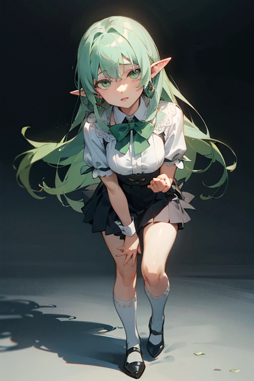 A full body shot of a sad anime elf girl with the same face and short, emerald green hair as the elf from Goblin Slayer, with vivid green eyes filled with sorrow. She has the distinct head shape and long, pointed ears like the elves from Goblin Slayer, adorned with small, intricate silver earrings. She is wearing a consisting of a fitted white blouse with a large, soft green bow tie at her neck, a pleated skirt that reaches just above her knees, and knee-high white socks paired with black mary jane shoes. The blouse features delicate lace accents along the collar and cuffs, adding a touch of elegance. The green bow tie at her neck is neatly tied, creating a charming focal point. Her expression is melancholic, with a slight downturn of her lips and a faraway look in her eyes. She stands with a black background, drawn in the art style of A-1 Pictures, shot with a Sony A7R IV, 50mm f/1.4 lens, muted anime-style colors she must be happy blackground empty