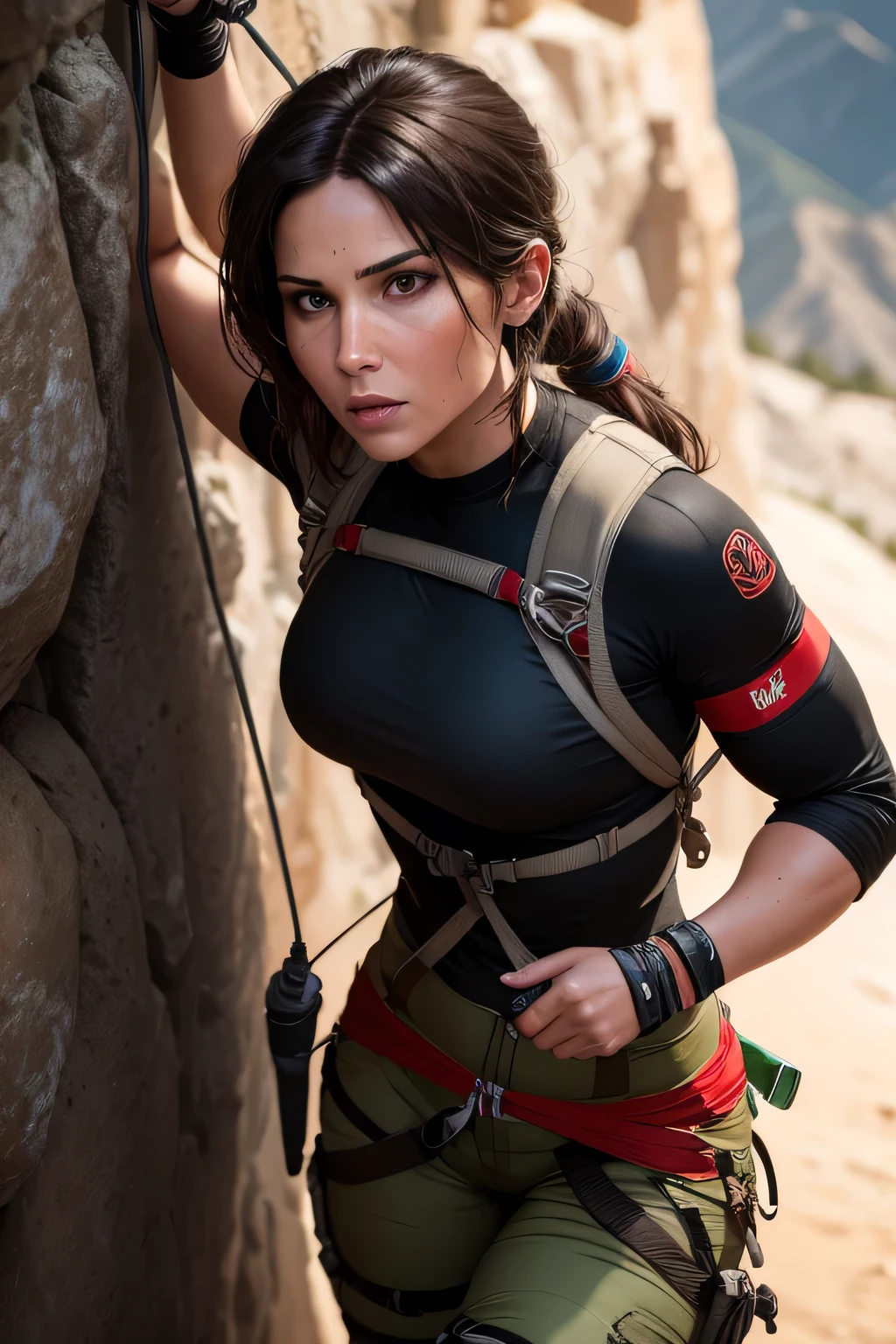 Lara Croft conducting rope rescue training,(A group of climbers:1.1),Rescue operations,action sports,Climbing,mountain peaks,Cord,challenge,highly,Courage,(Heroic rescue scene:1.2),Emergency Response Team,full body shot of, (Jaw-dropping effect), ,(Studio lighting), DLSR, sharp focus, soft lighting, masterpiece, perfect face, ultra detailed face, perfect brown eyes, beautiful face, black clothes