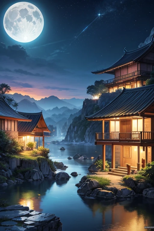 アジアの家のNight view, Vietnam, Vietnam, Hazan, moon, Lake in the foreground, quiet night, Green and Blue, Digital Illustration, Highly detailed digital art in 4K, Night view, anime art wallpaper 4k, anime art wallpaper 4k, 4K Detailed Digital Art, Natural scenery at night, Anime Art Wallpapers 8K, Background artwork, Beautiful Art UHD 4K, 4k HD illustration wallpaper