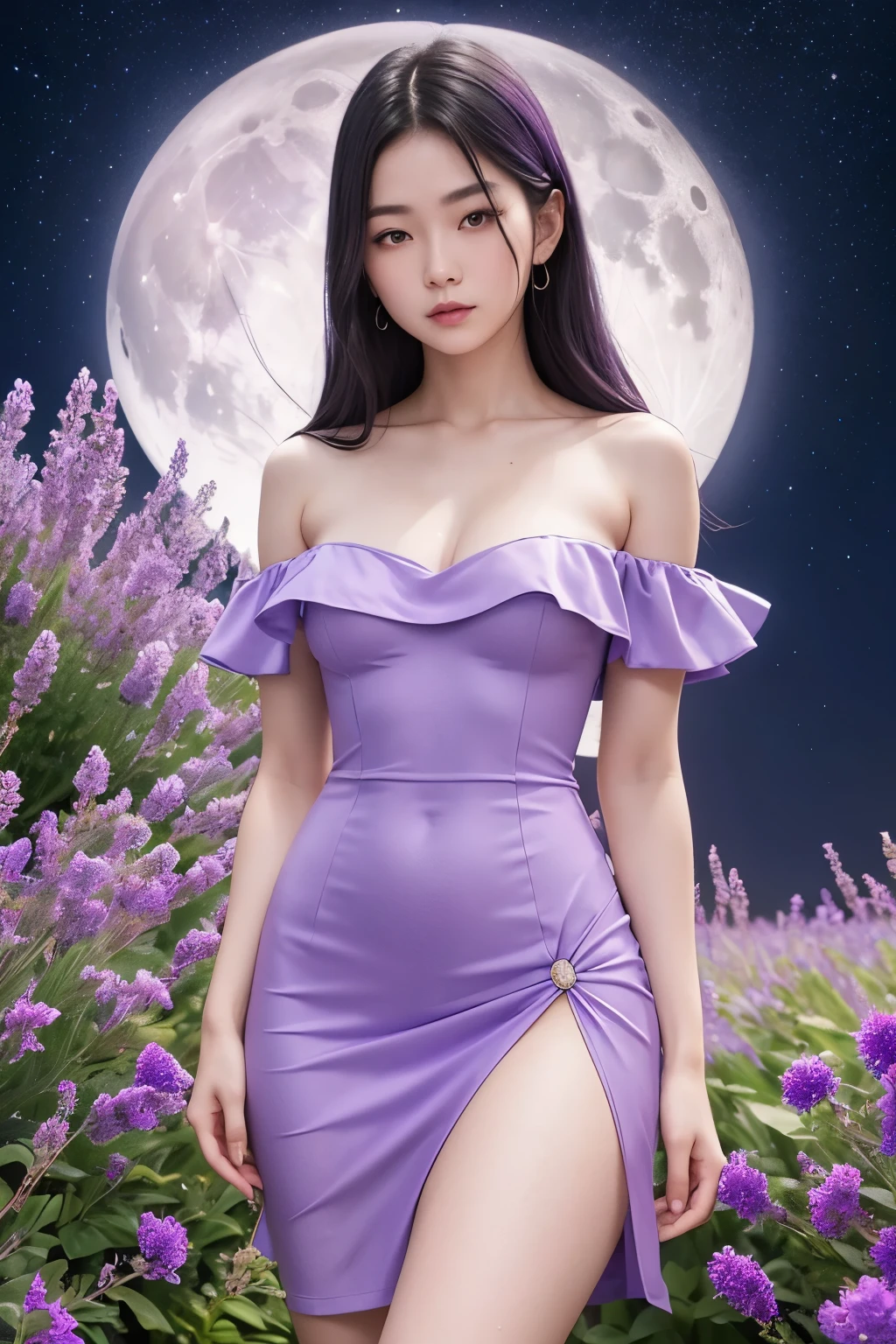 detailed face of photo. 20 year old white skin slim body sexy body asian girl wearing violet colour with moon color gradations luxury dress off shoulder Sleeveless strapless 
Take photo in Nordic lavender garden with standing water and full moon as a background with violet lighting