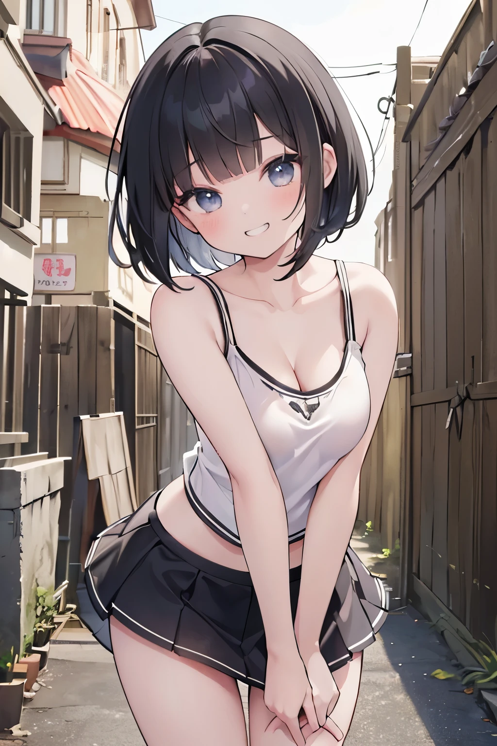 (8K、Highest quality、highest quality、masterpiece)、Detailed face、One girl、 Black Hair、short hair、、blunt bangs、Grey Eyes、evil smile、((Grin))、Small breasts、((White camisole))、((mini skirt))、Cowboy Shot、((bent over))、Back Alley Background、Very large breasts、Nipples are visible、No panties、Lift up the skirt