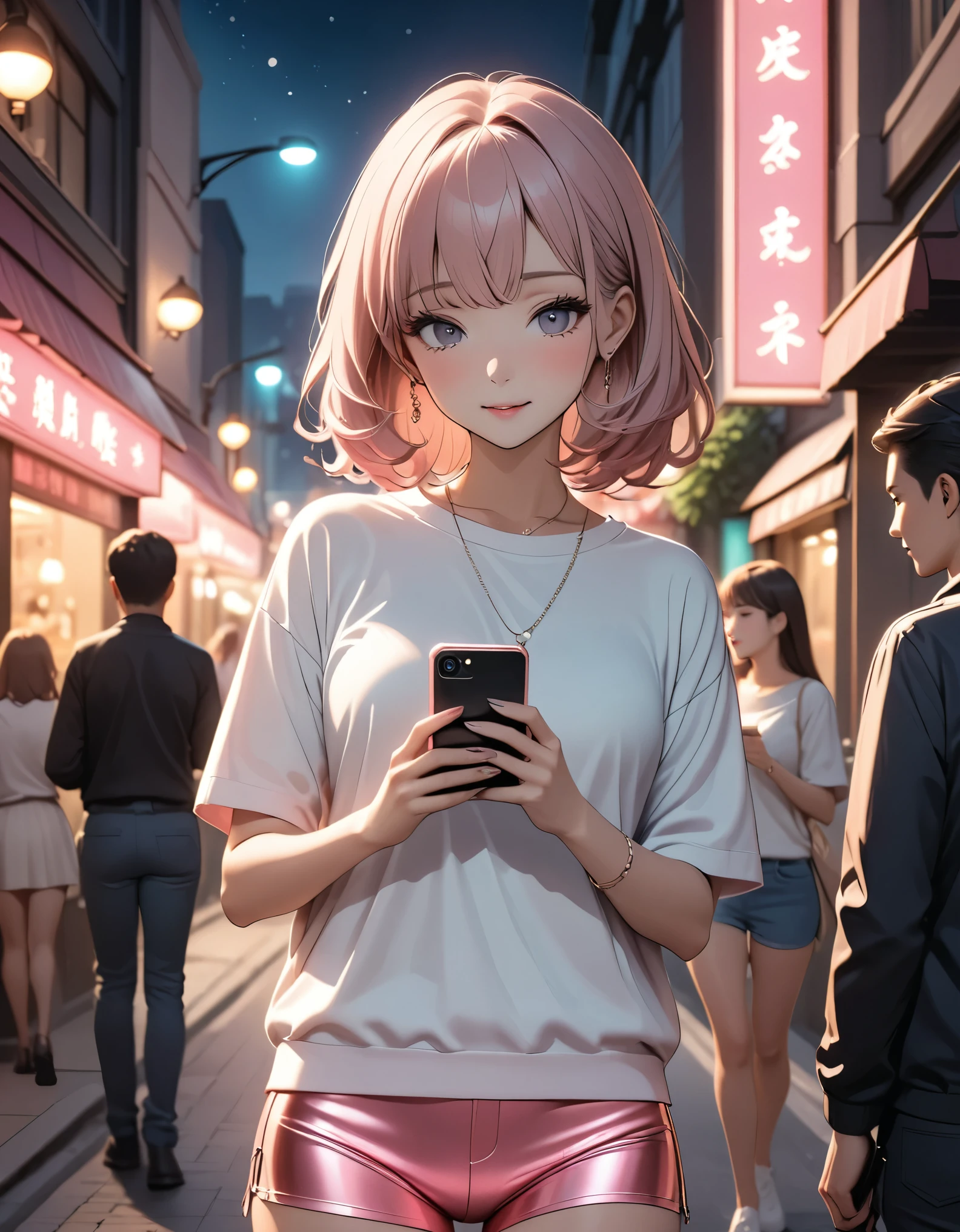 Beautiful woman, street lights at night, Fiddling with smartphones, Hot Pants, Fragrant pink flowers, Passersby, night gradient, fine details, Subtle tones, There is a sense of tranquility in the picture.