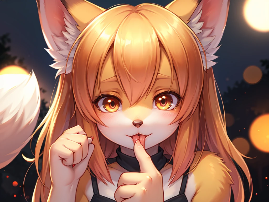 Hallucination, daydream , (horror) , Fear , bokeh , fox girl , closeup glossy lips , (Licking thumb)