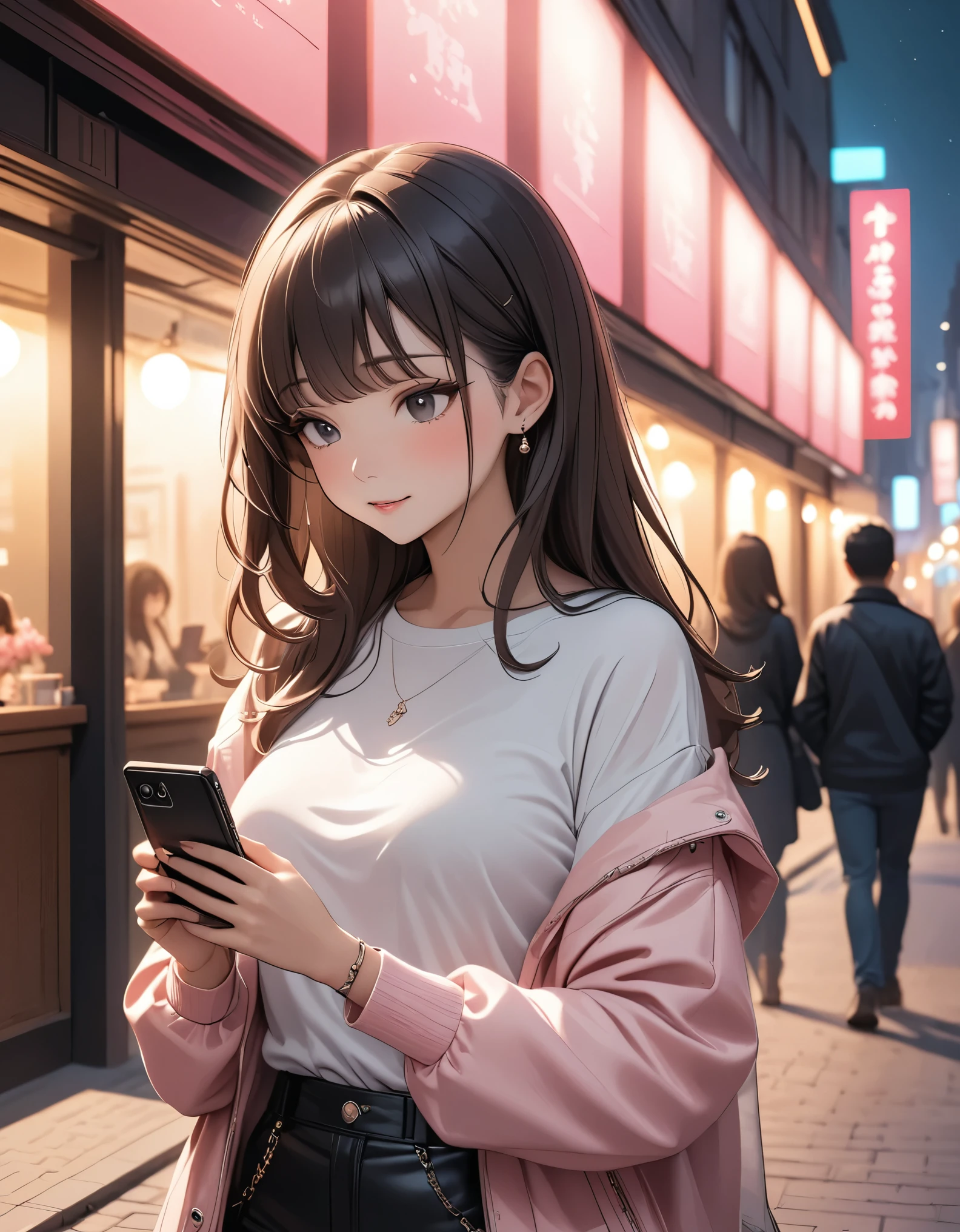 Beautiful woman, street lights at night, Fiddling with smartphones, Hot Pants, Fragrant pink flowers, Passersby, night gradient, fine details, Subtle tones, There is a sense of tranquility in the picture.