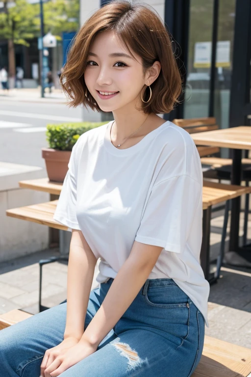 A Japanese woman with short, curly blonde bob hair,university student,Simple,discreet earrings,Lunch at the cafe,Sitting,An innocent smile,Wear a T-shirt that shows your body line,Wearing thick denim,Ultra HD,
