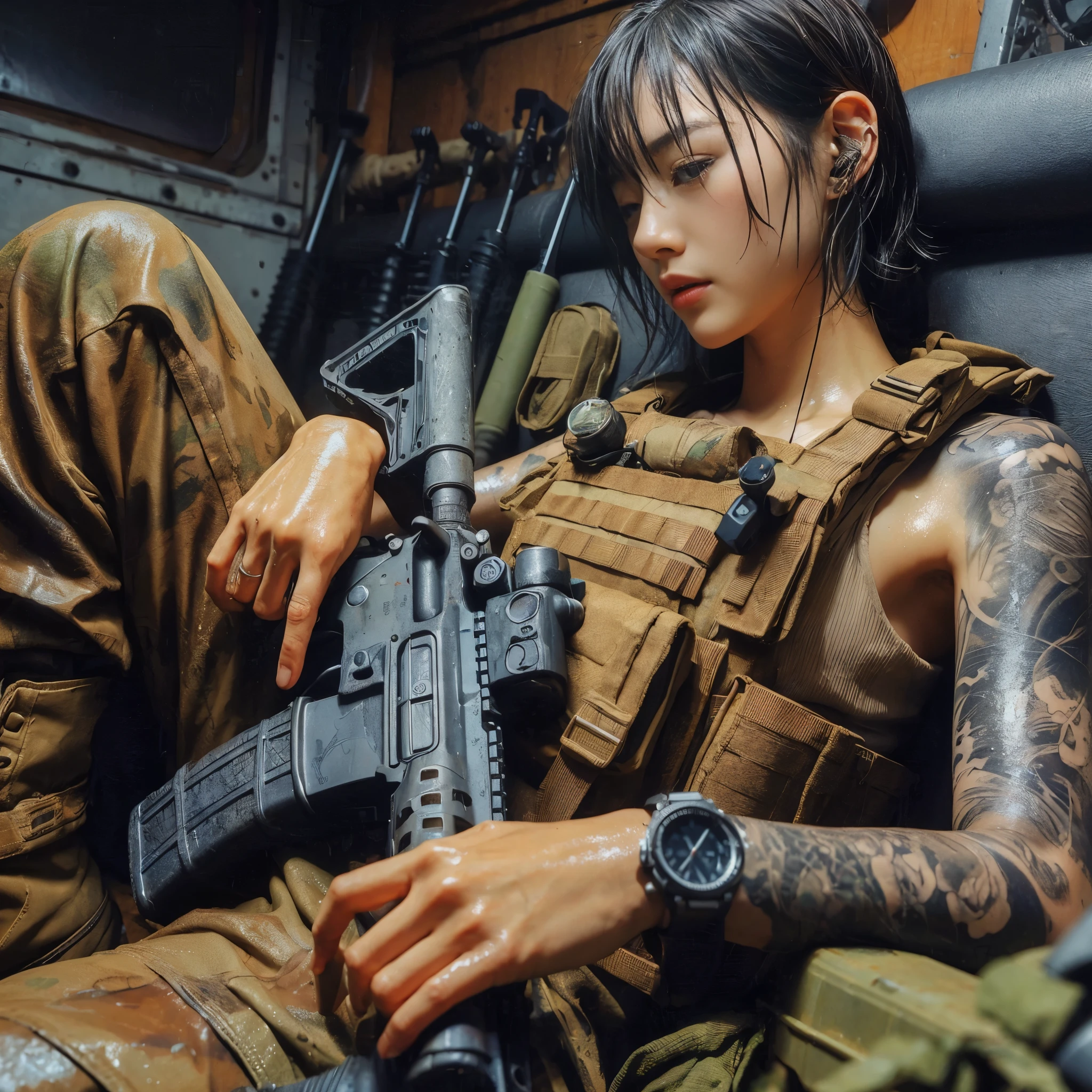 8k,Realistic Photo、Realistic Skin Texture、Superrealism、Japanese women in the US Special Forces、jungle、、rifle、、、after the rain、Bulletproof vest、Watch on left arm、Sticks to the skin when moistTshirt、Military Pants、jungleブーツ、Tattoo、humidity、Dynamic pose、Operation End、Climbing into a troop transport vehicle covered in mud、rifleは置いてリラックスしている