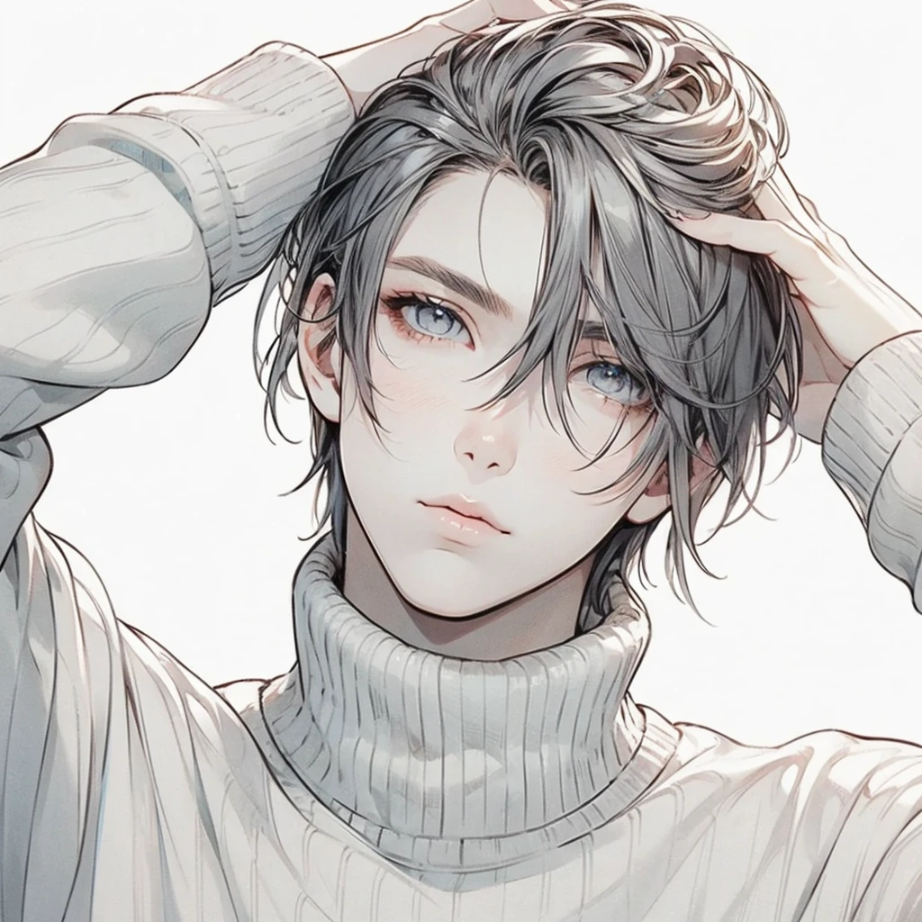 Beautiful youth, Shoulder-length hair, Straight hair, Dull light blue hair, White High Neck Sweater, Long, narrow eyes, Grey Eyes, I touch your head, Front view, Composition from the waist up, Nice, good looking,high quality, elicit amount, Pixiv illustration