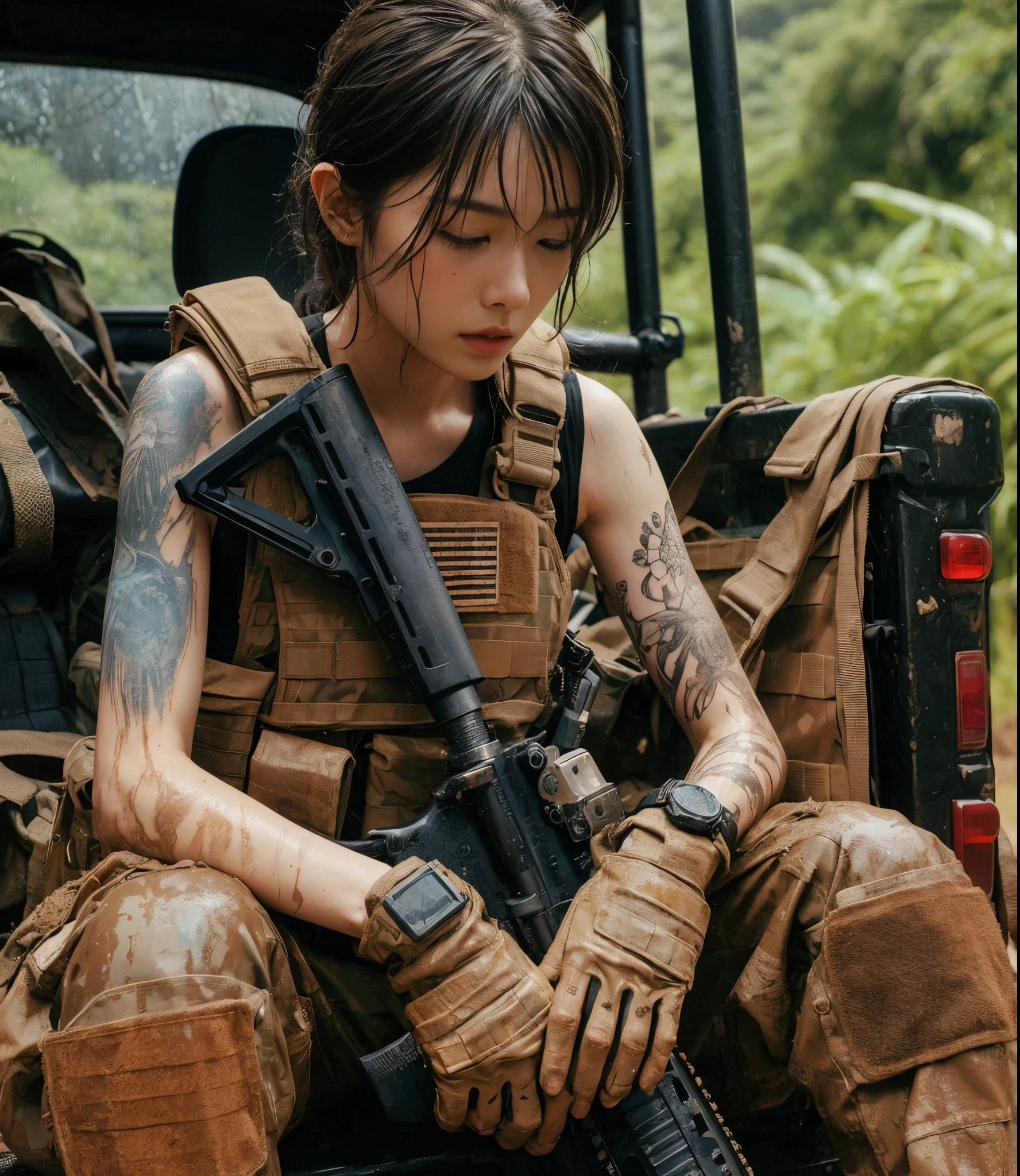 8k,Realistic Photo、Realistic Skin Texture、Superrealism、Japanese women in the US Special Forces、jungle、、rifle、、、after the rain、Bulletproof vest、Watch on left arm、Sticks to the skin when moistＴshirt、Military Pants、jungleブーツ、Tattoo、humidity、Dynamic pose、Operation End、Climbing into a troop transport vehicle covered in mud、rifleは置いてリラックスしている