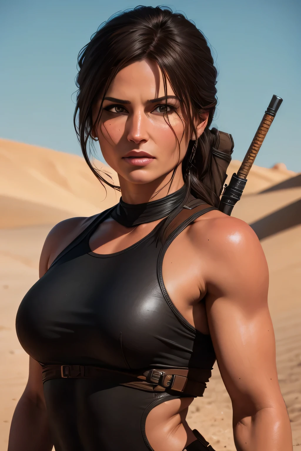 Lara Croft standing in a desert scene of the film Dune, DLSR, black clothes, sharp focus, soft lighting, photorealistic, masterpiece, perfect face, ultra detailed face, beautiful brown eyes, beautiful face, lean body, perfect anatomy