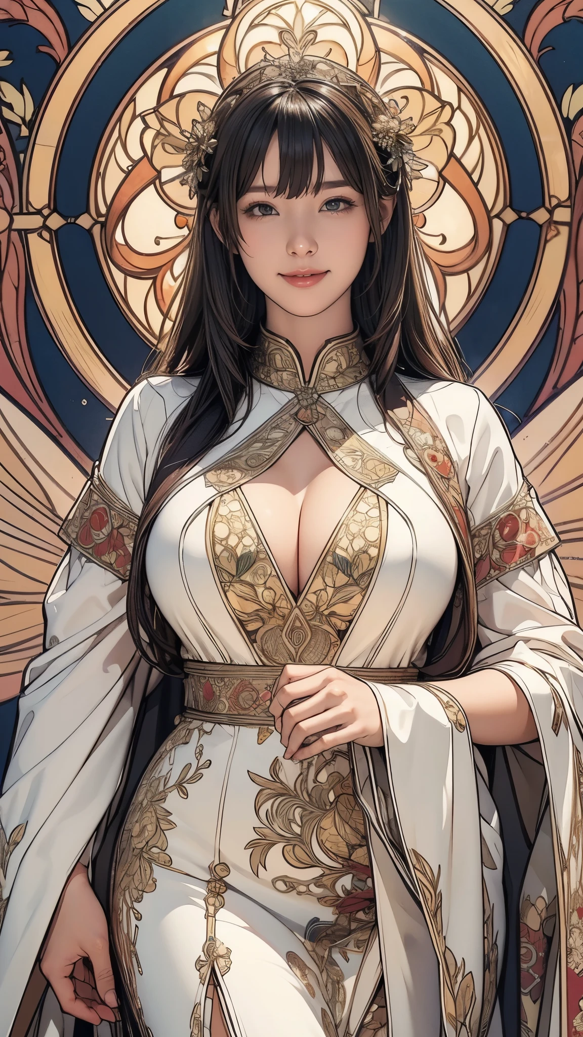 (masterpiece),(highest quality),(Very detailed),(High resolution),8k,wallpaper,1 girl,The goddess of sexuality is praying,Big Breasts,front,Looking at me,Sexy smile,Goddess Dress,Intricate Mucha-inspired designs and patterns