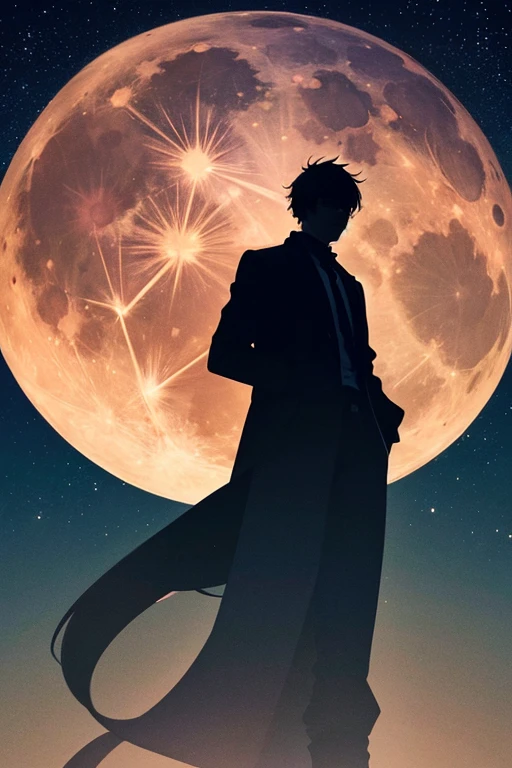 highest quality,Big moon and shadow,A silhouette of a person can be seen against the backdrop of a large moon.,There is one full moon,There is a mood,Beautiful scenery,Starry Sky