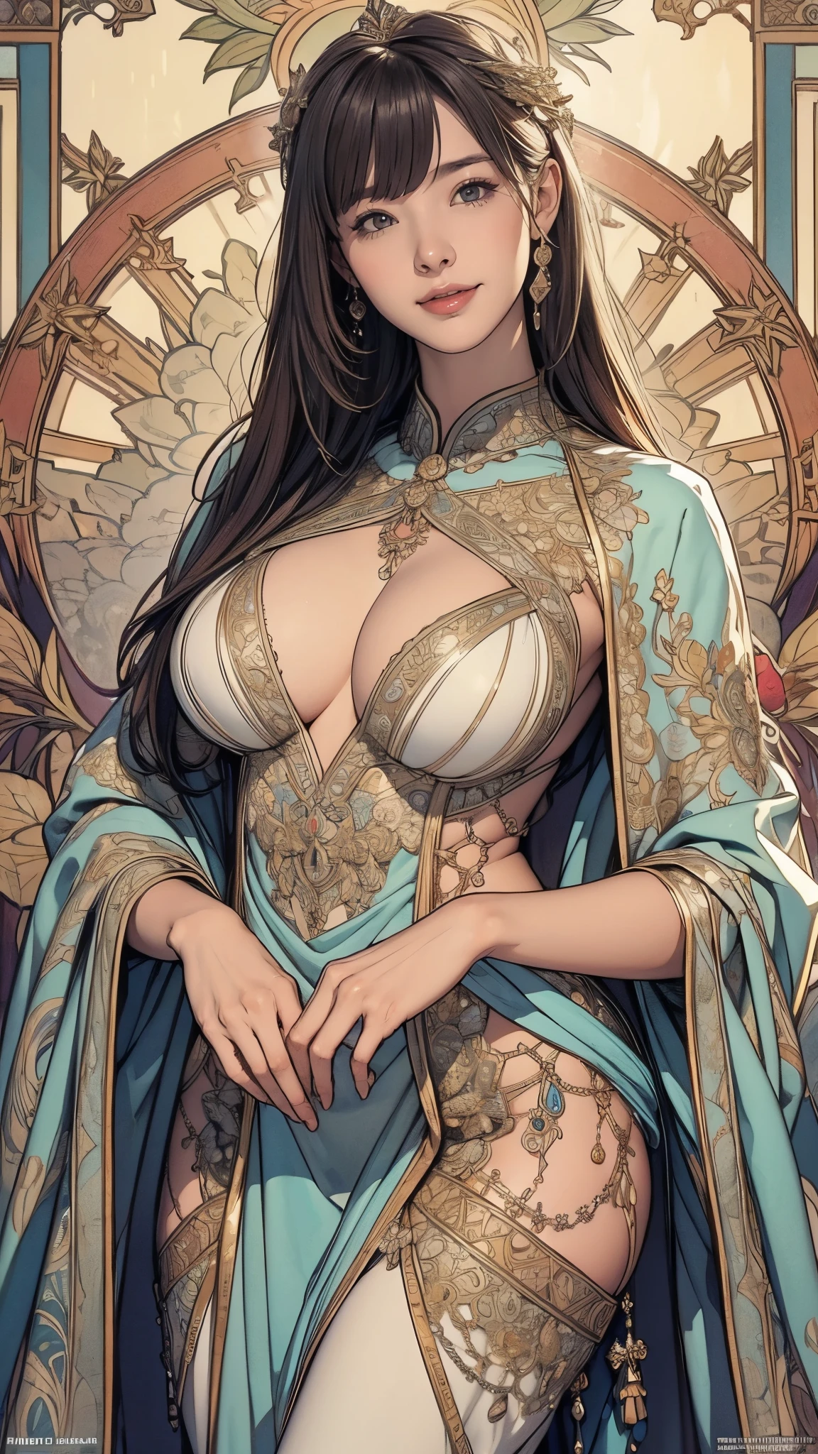 (masterpiece),(highest quality),(Very detailed),(High resolution),8k,wallpaper,1 girl,The goddess of sexuality is praying,Big Breasts,front,Looking at me,Sexy smile,Goddess Dress,Intricate Mucha-inspired designs and patterns