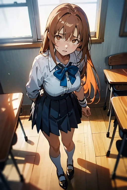 A full body shot of a sad anime girl with the same face and long, auburn hair as Asuna Yuuki from Sword Art Online, with vivid brown eyes filled with sorrow. She is wearing a consisting of a fitted white blouse with a large, soft blue bow tie at her neck, a pleated skirt that reaches just above her knees, and knee-high white socks paired with black mary jane shoes. The blouse features delicate lace accents along the collar and cuffs, adding a touch of elegance. The blue bow tie at her neck is neatly tied, creating a charming focal point. Her expression is melancholic, with a slight downturn of her lips and a faraway look in her eyes. She stands in a brightly lit classroom, surrounded by wooden desks and large windows letting in soft afternoon light, drawn in the art style of A-1 Pictures, shot with a Sony A7R IV, 50mm f/1.4 lens, muted anime-style colors.