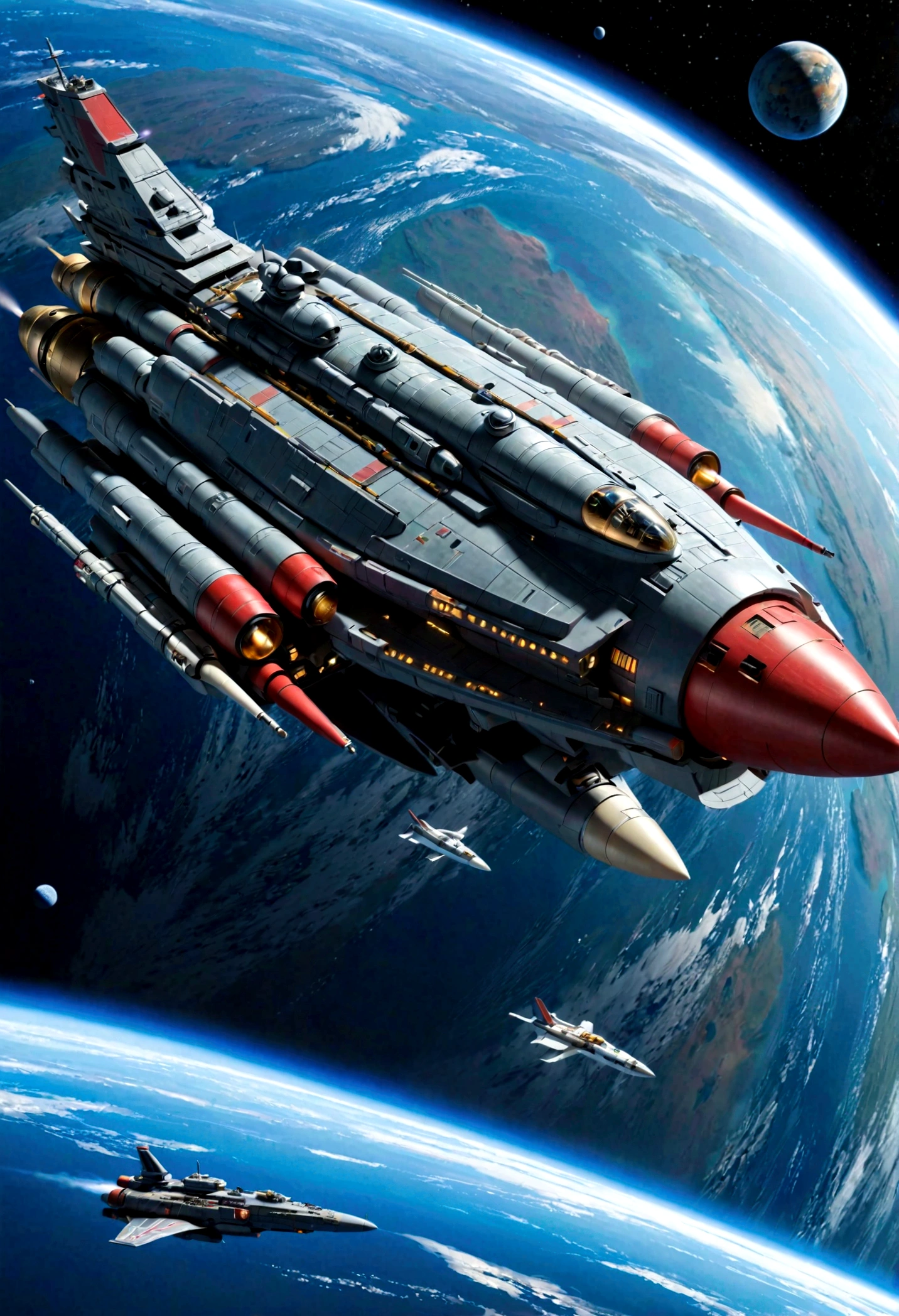 8k、Masterpiece、Space、(Sailing between the stars)asteroid belt、asteroid beltの奥に爆発する太陽、asteroid beltをすり抜ける大型宇宙船(Space Battleship Yamato)