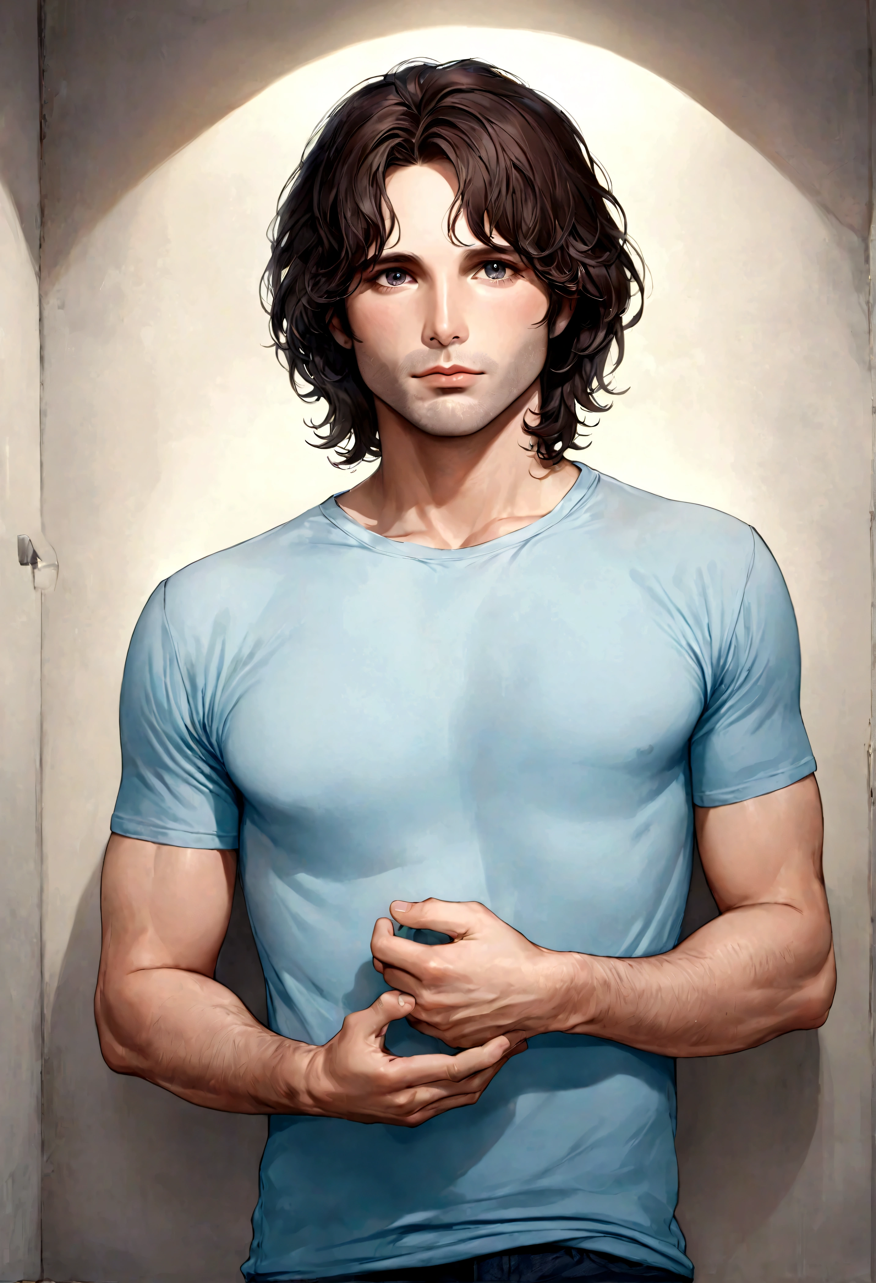 (Camiseta blanca para hombre), ), (con poca barba,) Aspecto atractivo y serio, Dark brown hair, (ojos cafe claro), Elegante y con estilo, Camiseta de cuerpo fuerte afeitada, Un hombre similar al actor Jim Morrison, (Imagen realista y de alta calidad), Apartamento escandinavo en el fondo con pintura de pared azul, ((La mejor calidad, 8K, obra maestra).