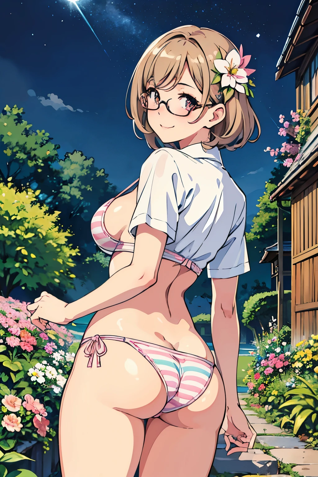 masterpiece, best quality, ultra-detailed, illustration, detailed light, happy, blush, Highlights hair, beautiful detailed body, detailed sparkling eyes, 1woman looking back, striped pink bikini, her hip, glasses, full view of buttocks, showing buttocks, bare thighs, in flower garden, smile, tan skin, You Watanabe, white shirt