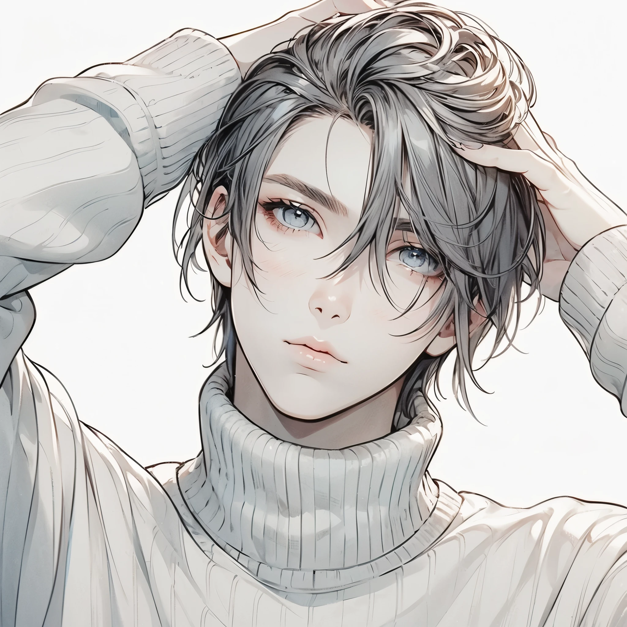 Beautiful youth, Shoulder-length hair, Straight hair, Dull light blue hair, White High Neck Sweater, Long, narrow eyes, Grey Eyes, I touch your head, Front view, Composition from the waist up, Nice, good looking,high quality, elicit amount, Pixiv illustration