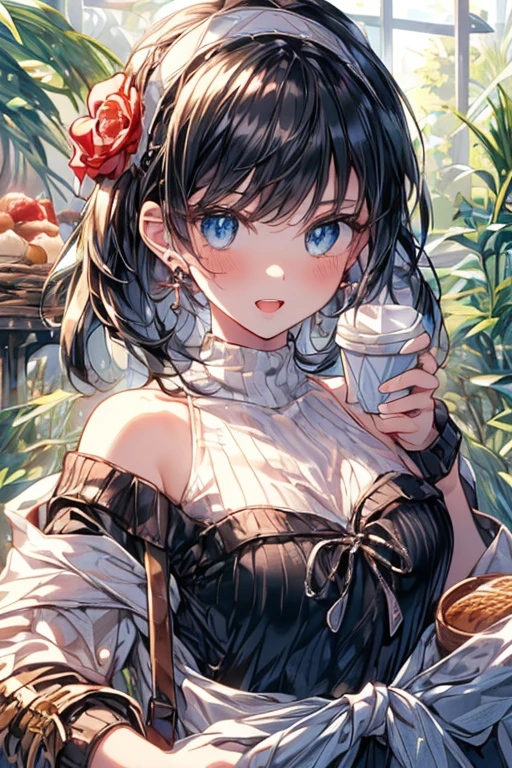 (perky chest:1.2), (pointed chest:1.2),(((Black Tunic:1.3))),(((cakes and bread in the basket),Cute and beautiful girl,Cute round face,Cute smile,with blush cheeks,Red Lip,solo, looking at viewer, open mouth, have a cute grass of cute beergrass,black hair, dark green eyes, dress, bare shoulders, jewelry, collarbone, sidelocks, hairband, earrings, indoors, off shoulder, sweater, arms behind back, plant, short hair with long locks, gild hairband, off-shoulder dress, sweater dress, off-shoulder sweater, black sweater, dark gord hair, big side hair, very long side hair,is rendered in (masterpiece: 1.2, best quality), with (ultra high resolution) and an exquisite (depth of field),(Bangs are see-through bangs),hair pin,hair adornments,detailed clothes features,Detailed hair features,detailed facial features,(Dynamic angles),(Dynamic and sexy poses),Cinematic Light,(masutepiece,top-quality,Ultra-high resolution) ,(The 8k quality,Anatomically accurate facial structure,),(Sea Art 2 Mode:1.3),(Image Mode Ultra HD) ,(Hold a coffee in your hand:1.3),delicate beautiful face, Bright blue eyes, cute eyes, sparkling eyes, Big eyes, (perky chest:1.1), (pointed chest:1.3), looking at viewer, 