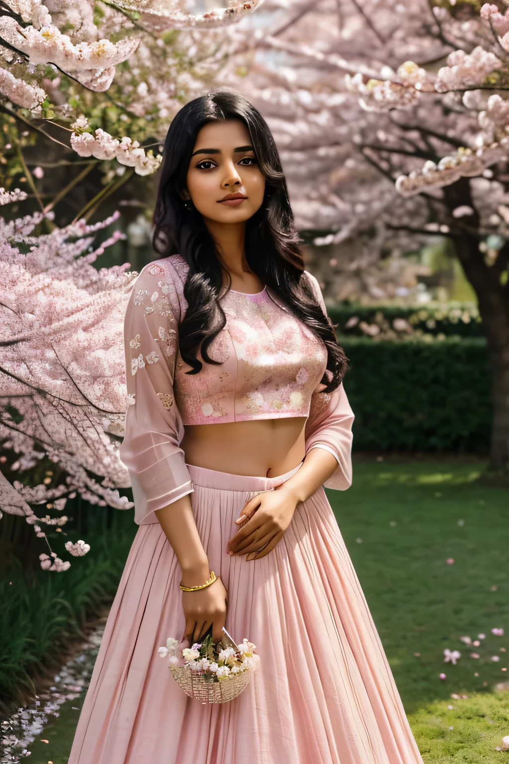 an indian girl wearing light pink lehenga with dhadki emdroidery having medium skin tone and dark black hair color standing in a garden full of cheery blossom trees and holding a bunch of cherry blossom flowers and butterflies around the girl 