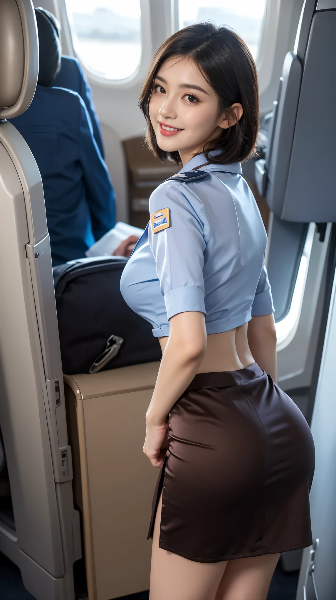 8K, of the highest quality, Intricate details, Ultra Detail, Ultra High Resolution, masterpiece, smile, (fluffy brown eyes), 1womanl, Solo, 40 years, (Full Stewardess Uniform:1.4), Standing, ((Beautiful face)), (Black short hair), (Detailed face), Detailed lips, Detailed face, Detailed chest, large full breasts, detail, Perfect body, (detail legs), Cowboy Shot, (Background: in an airplane), butt to camera, back shot, ((protruding ass)), ((satin long skirt))