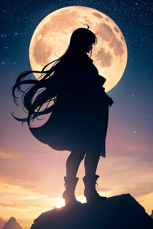 highest quality,Big moon and shadow,A silhouette of a person can be seen against the backdrop of a large moon.,There is one full moon,There is a mood,Beautiful scenery,Starry Sky