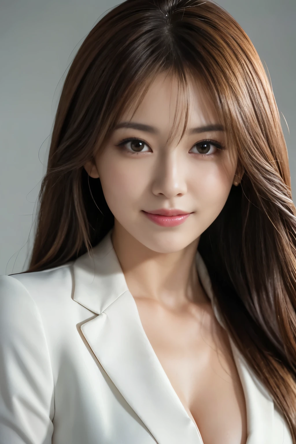 Tabletop, Japanese,highest quality, Realistic, Super detailed, In detail, High resolution, 8k wallpaper, 1. Beautiful Women,, Light brown messy hair, Wearing a business suit, Sharp focus, Perfect dynamic composition, Beautiful fine details, Fine hair, Detailed and realistic skin texture, smile, Close-up portrait, Model Body Type, White background,