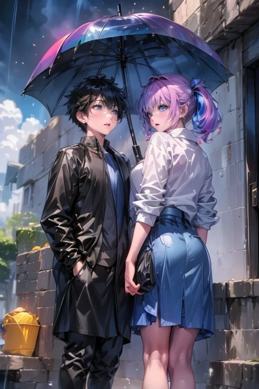 1girl and 1boy,couple,after school,he has umbrella,share umbrella,rainbow,rainy,shiny