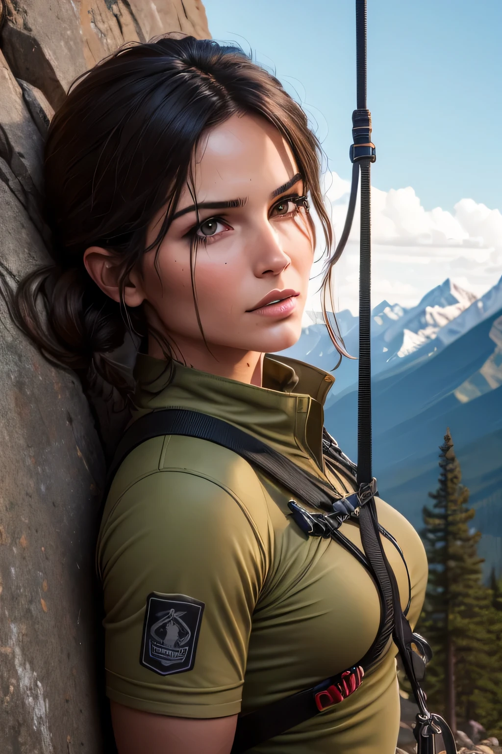 Lara Croft conducting rope rescue training，(A group of climbers:1.1),Rescue operations,action sports,Climbing,mountain peaks,Cord,challenge,highly,Courage,(Heroic rescue scene:1.2),Emergency Response Team, (Jaw-dropping effect), (Studio lighting), DLSR, sharp focus, soft lighting, masterpiece, perfect face, ultra detailed face, perfect brown eyes, beautiful face, black clothes, location: rocky mountains, set in the rocky mountains
