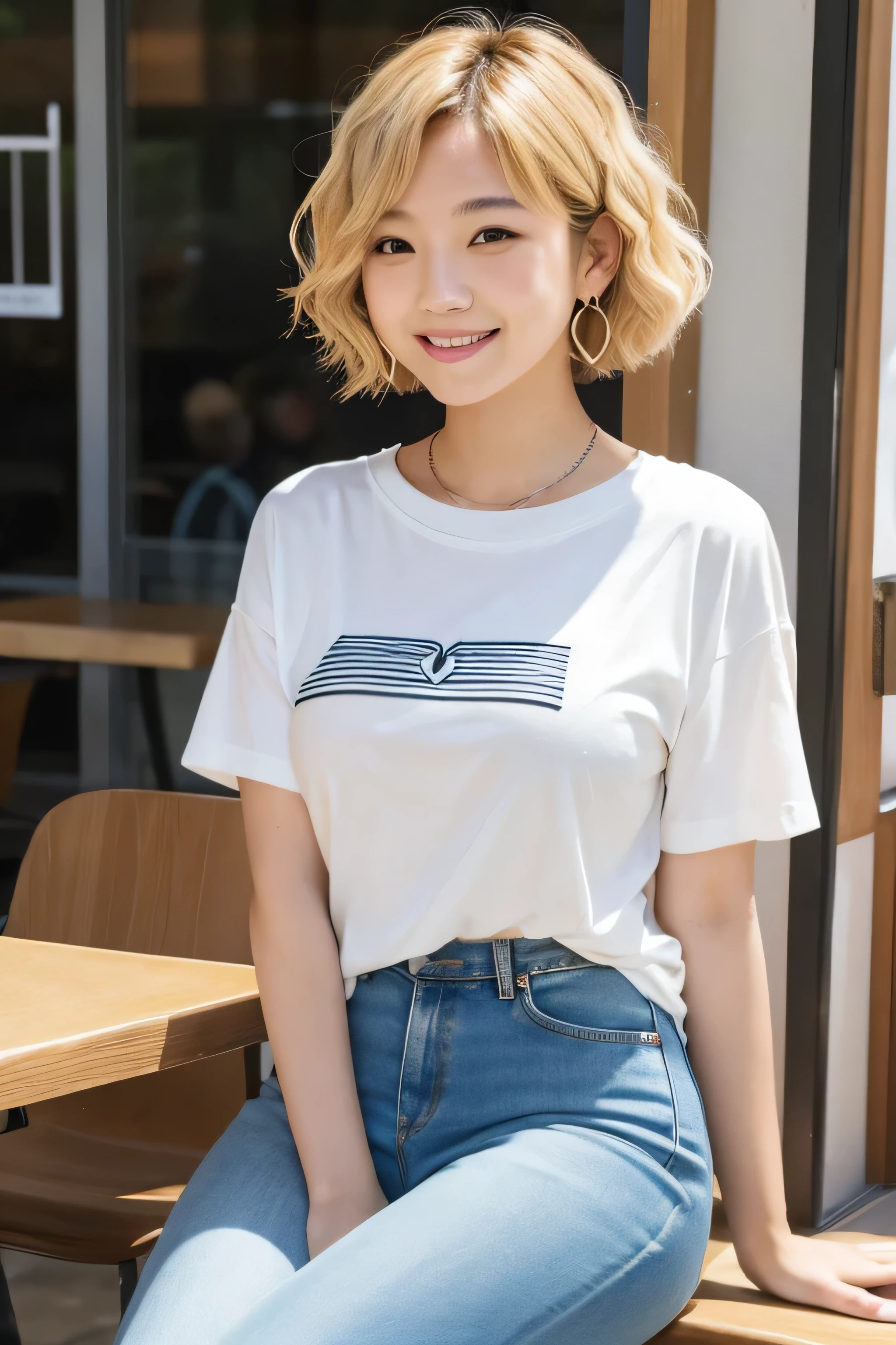 A Japanese woman with short, curly blonde bob hair,university student,Simple,Earrings,Lunch at the cafe,Sitting,An innocent smile,Wear a T-shirt that shows your body line,Wearing layers,Wearing thick denim,Ultra HD,