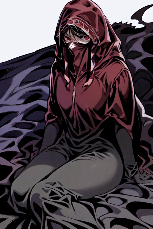 No name assassin, sad, mask, red eyes, cloak, robe, white gloves, long skirt, hood, cape, lay down on the bed