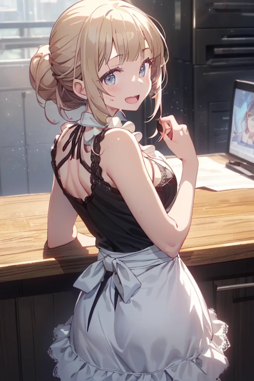 (Best quality,4K,8K,A high resolution,tmasterpiece:1.2),ultra - detailed,(actual,realistically,realistically:1.37), Ultra HD face, (airbubble:1.0), (combed blonde hair, eBlue eyes, Short double ponytail, pigtails), (a skirt, sky blue sleeveless dress belt, White stockings, white colors:1.5), (white backgrounid, solid color backdrop), (actual:1.2), (tmasterpiece:1.2), (Full body photo:1), neonlight, dark romantic lighting, (Very meticulous:1.2),(Detailed faces:1.2), (slope), Colorful, detailed eyes, (Detailed landscape:1.2), (natural  lightting:1.2), (neutral posture, looking at viewert:1.2), (Alone, One guy, zauber:1.5), posterior view, photo seen from behind, Exquisite and smooth details, Upper part of the body, beaturiful body, Elegant and smooth body, The lines are clear and smooth, White skin of the, , butt augmentation surgery, hip  cocked, bigger, Pelvis larger than shoulder blades, Pelvic width, Fitness model, Ruddy cheeks,