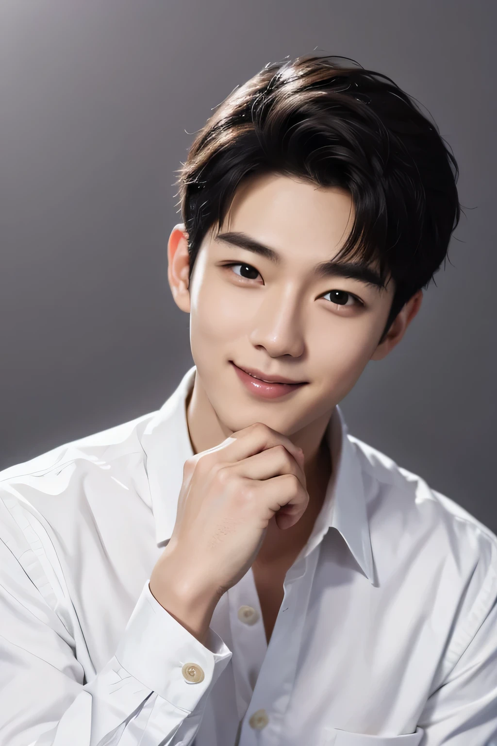 Korean、male、Realistic、The background is simply white、Collared shirt、smile、One hand on chin pose