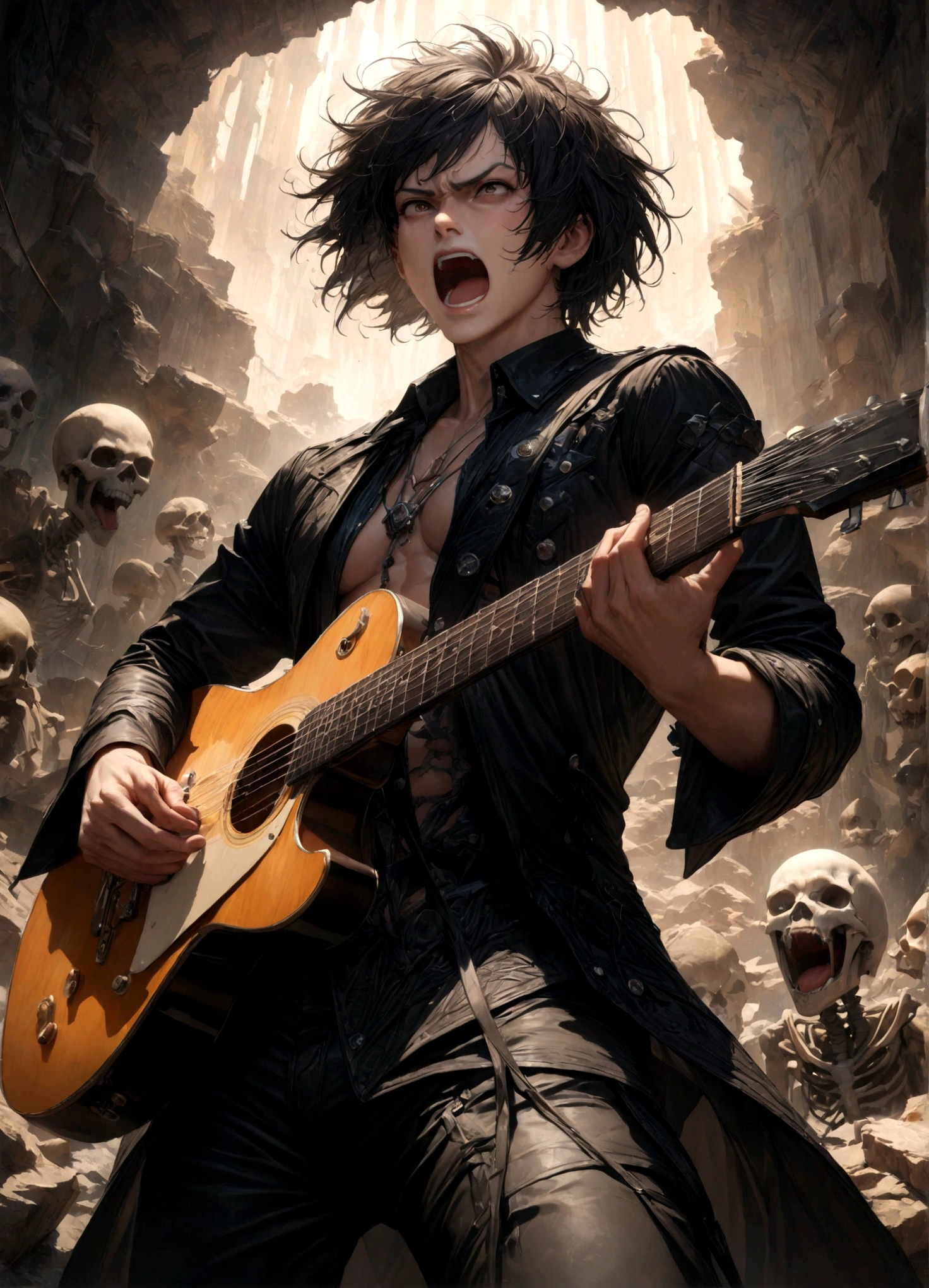 1 male,close up shot,focus on men,moderately muscular,The man is a guitarist and vocalist in a rock band.,neutral black short hair,the man is facing forward,A man is playing a black electric guitar,(masculine face),The man looks like he's half yellow and half white.,((Singing as if screaming: 1.3)),photoreal,rock musician costume,angry face,suffering,sorrow,anatomically correct,(masterpiece:1.3),(highest quality:1.4),(ultra detailed:1.5),High resolution,extremely detailed,unity 8k wallpaper,draw artistic background,(Draws an abstract and decadent image in the dark,with a large number of gray skeletons and colorful musical notes),(Please vary the size of the notes to create a sense of perspective),beautiful light and shadow,This image is a rock music poster,dark fantasy,intricate details,energetic,rock,cool,punk rock or hardcore music,concert venue lighting,BREAK,rock musician costume details,(masterpiece:1.3),(highest quality:1.4),(ultra detailed:1.5),The man is looking at this,Carefully draw hands