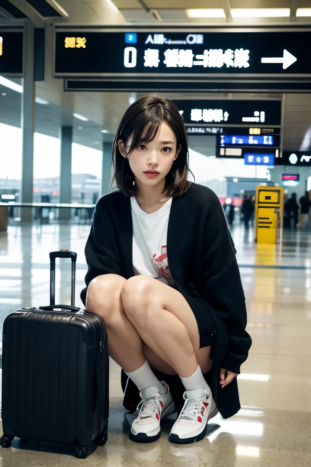 Woman sitting on the floor with suitcase on her knees, Airport Background, In a suitcase, promo shot, Photo shoot, kiko mizuhara, produce: Hiroyuki Tajima, produce: Nishida Shun'ei, Gemma Chen, ticker, Zia, Lulu Chen, Nakamura Naodo(Naondo Nakamura), by Ayami Kojima, Mixed art, by Tadashi Nakayama, Rainy