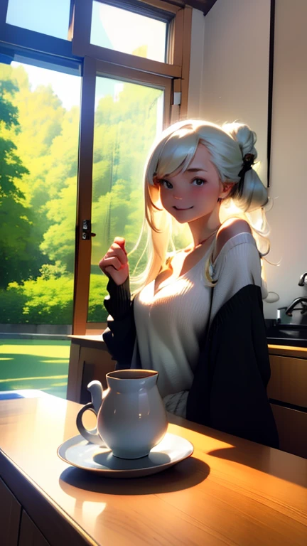 A young woman with long hair tied in a bun, wearing a black cardigan and white shirt, is sitting at a wooden table. She is smiling gently and touching her hair. On the table, there is a white teapot, a cup, and saucer, as well as a vase with yellow flowers. The background shows a sunny view with green trees outside the window, giving a warm and peaceful atmosphere.